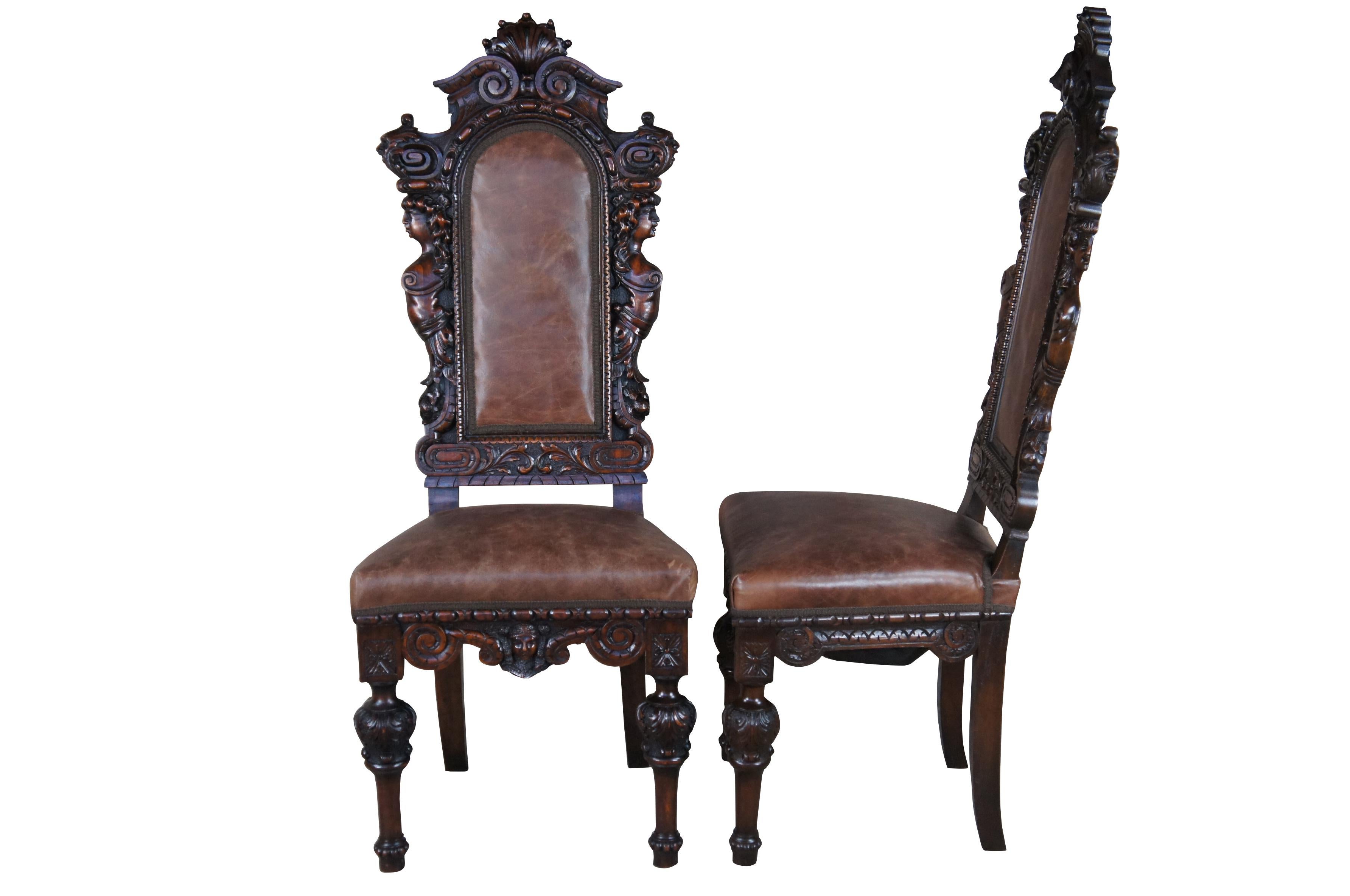 Européen 18 monumentales chaises de salle à manger italiennes anciennes de la Renaissance figurative en acajou et cuir en vente