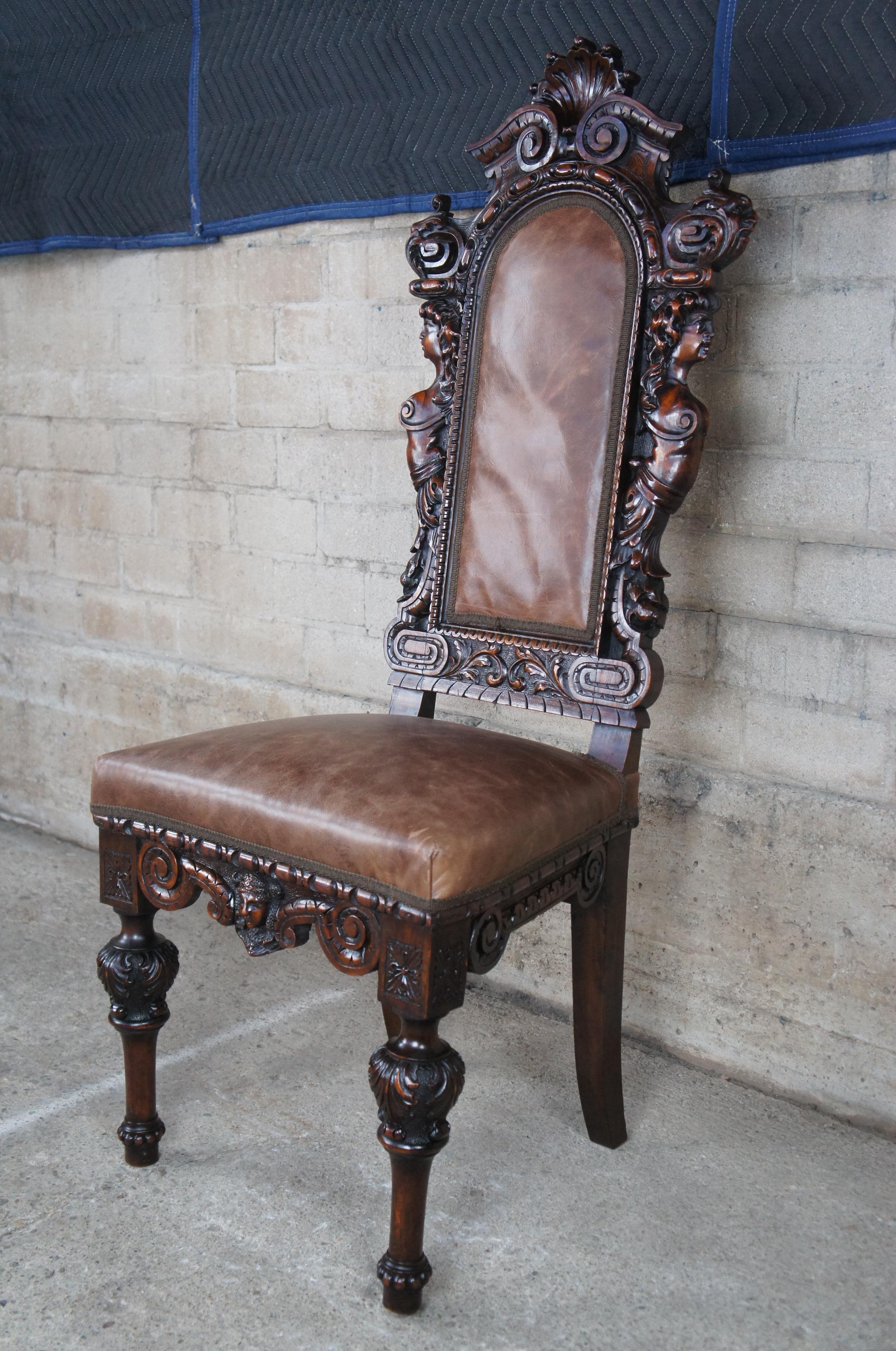 18 Monumental Antique Italian Renaissance Figural Mahogany Leather Dining Chairs In Good Condition For Sale In Dayton, OH