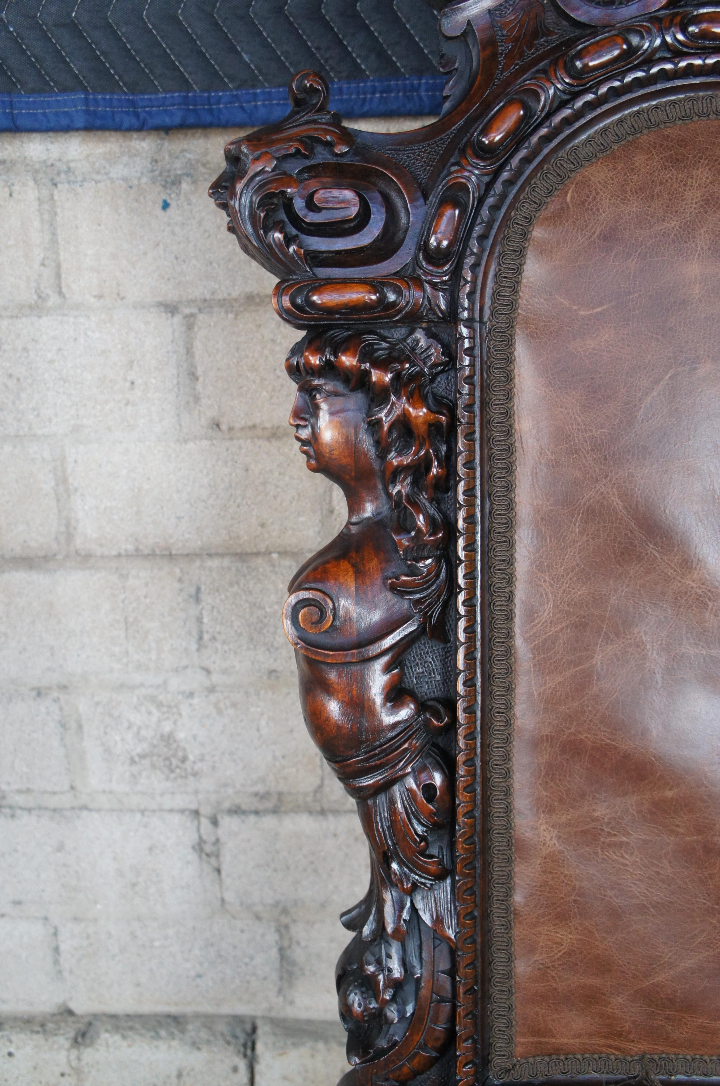 18 Monumental Antique Italian Renaissance Figural Mahogany Leather Dining Chairs For Sale 1