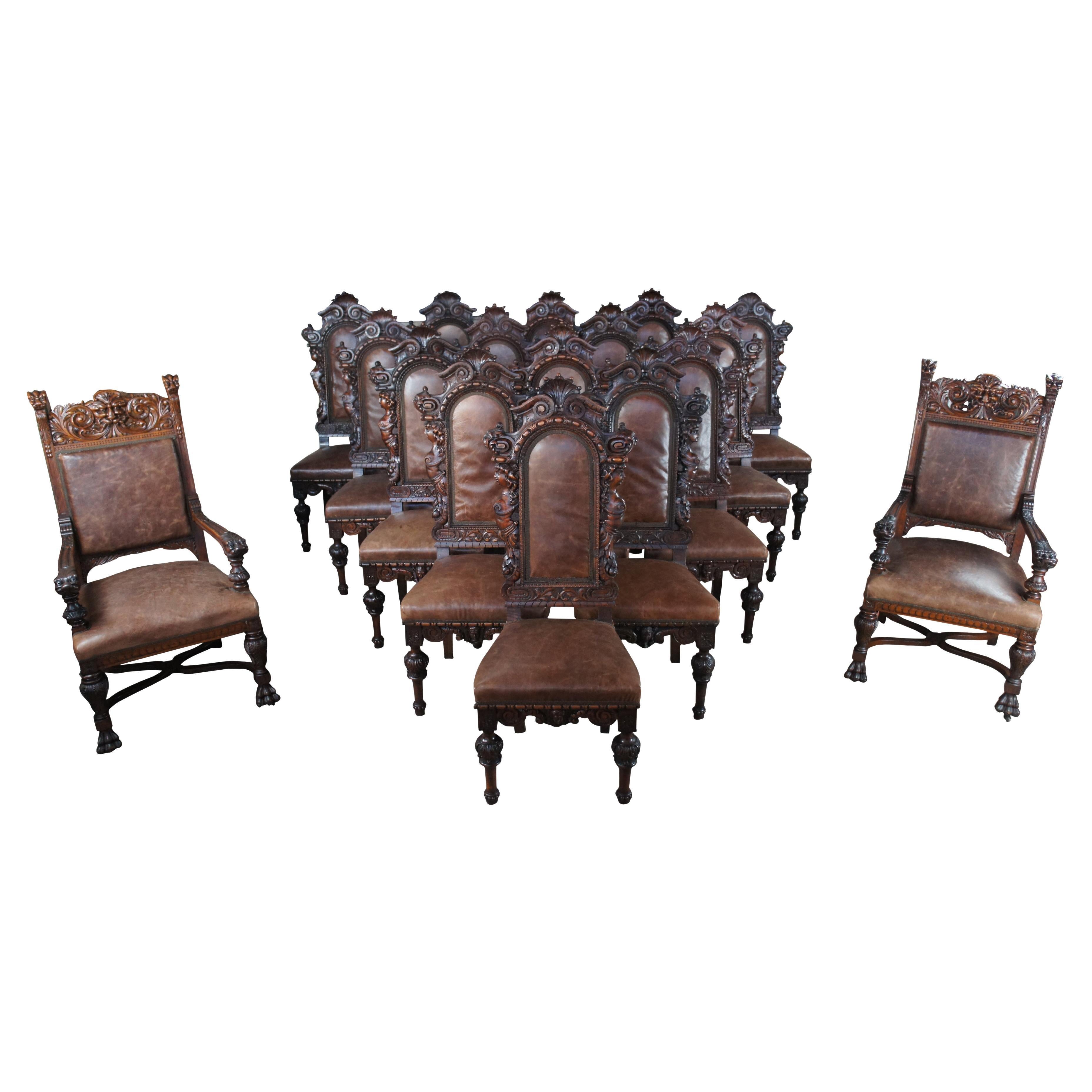18 monumentales chaises de salle à manger italiennes anciennes de la Renaissance figurative en acajou et cuir