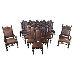 18 Monumental Used Italian Renaissance Figural Mahogany Leather Dining Chairs