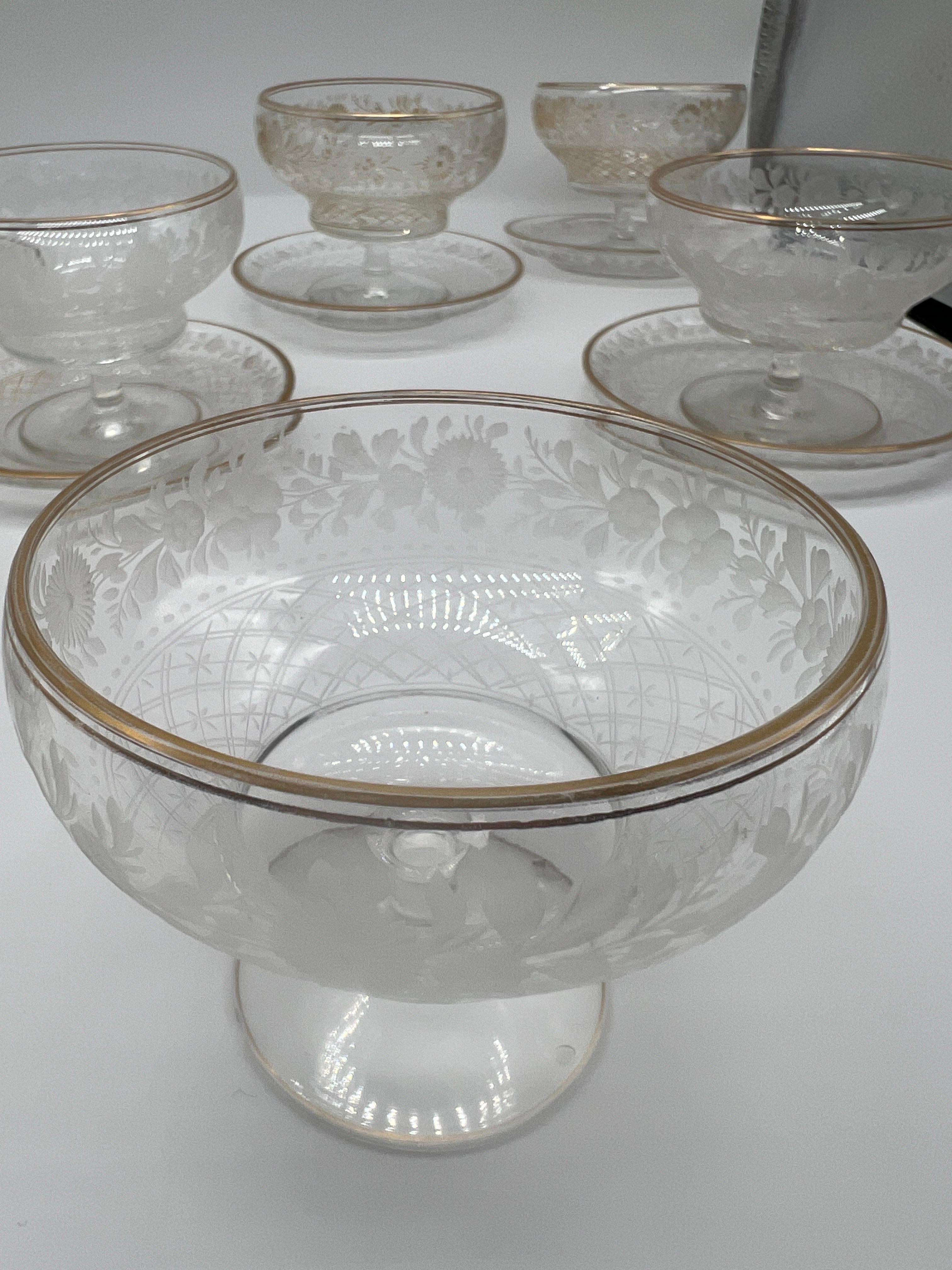 French 18 Pc, Antique Foliate & Gilt Acid Etched Champagne Coupe & Under plate Set  For Sale