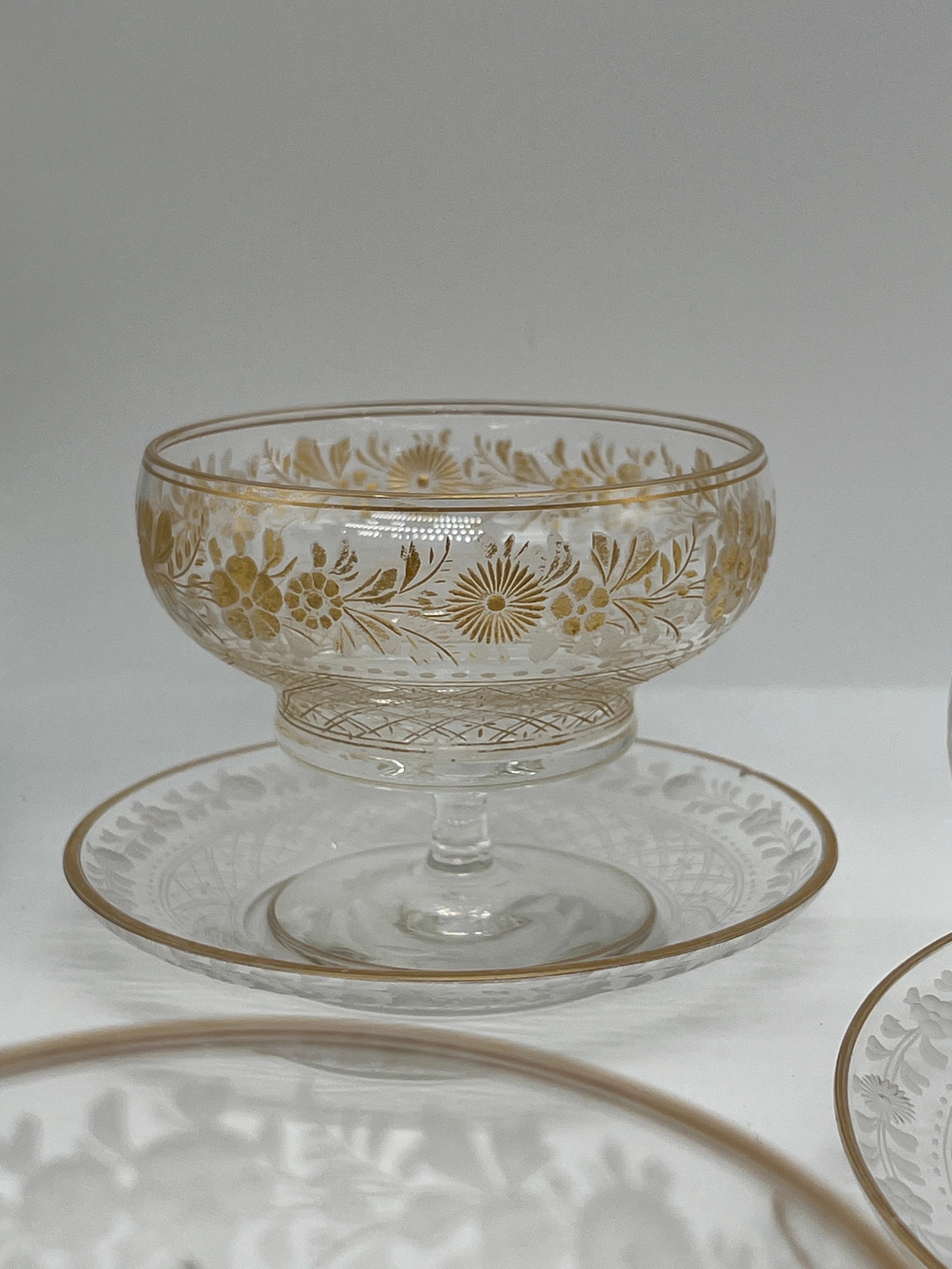 18 Pc, Antique Foliate & Gilt Acid Etched Champagne Coupe & Under plate Set  In Good Condition For Sale In Atlanta, GA