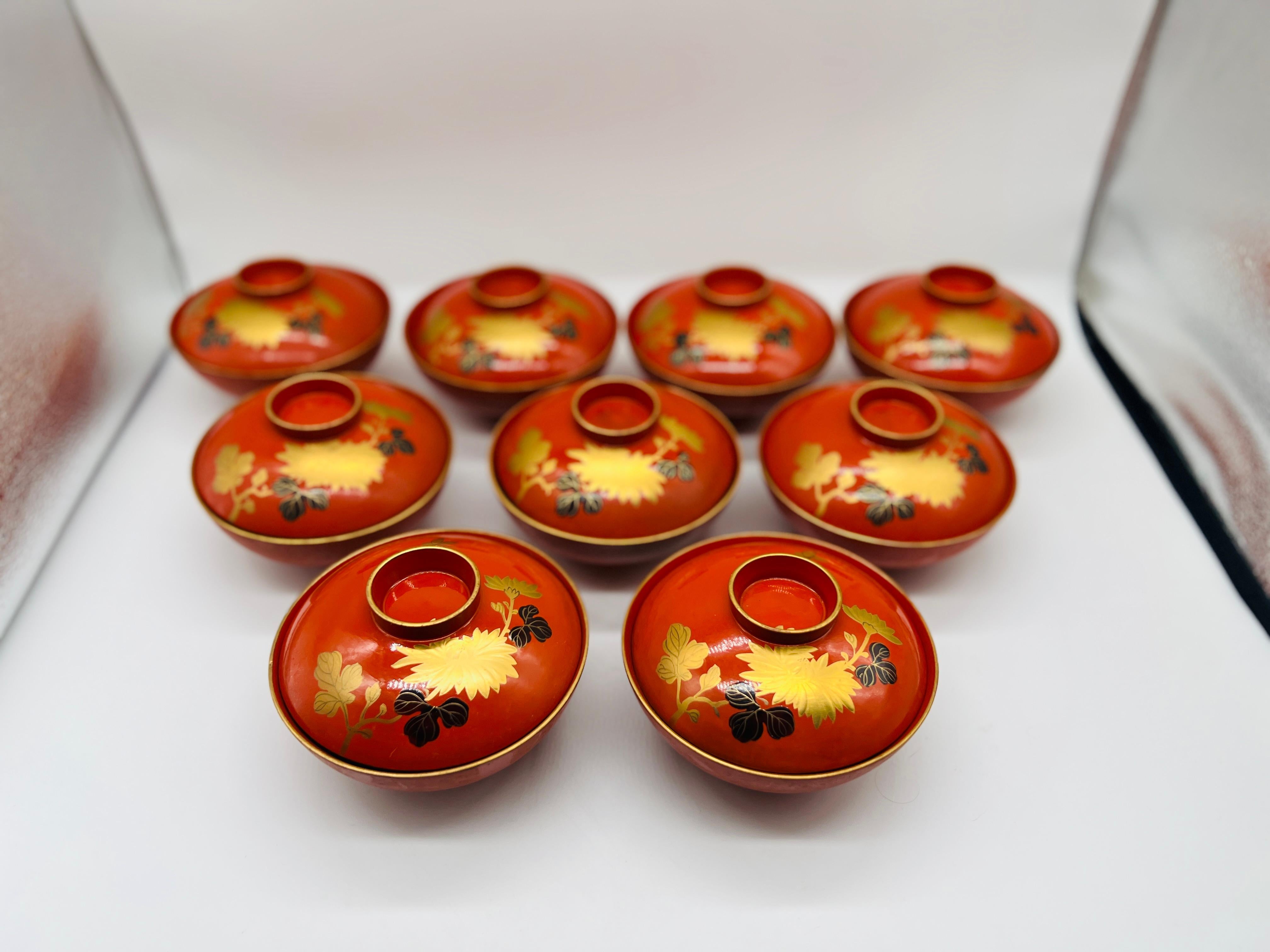 18 pezzi, set di ciotole per il riso in lacca giapponese vintage 9 set inclusi in vendita 1