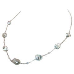 18" Platinum Station Necklace with Tahitian Keshi Pearls & Diamonds – Reversible