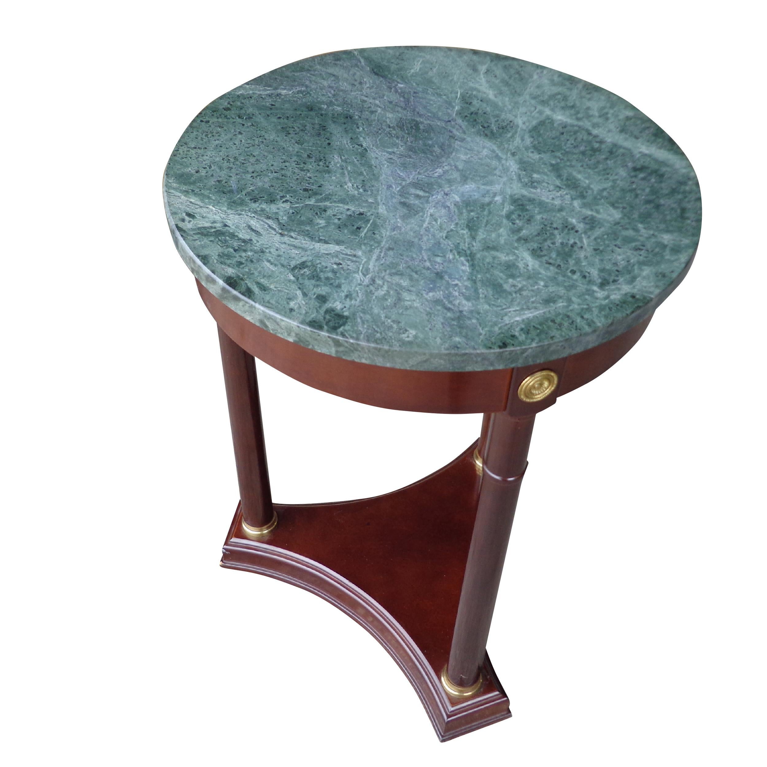 18? Regency Style Marble Pedestal side table

Hollywood Regency style tripod pedestal mahogany table featuring a rich grey/green marble top and bronze decorative mounts.
 