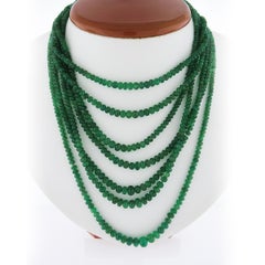 Collier 18" Rondelle Bead GIA Green Emerald Multi Strand 14k Yellow Gold Clasp