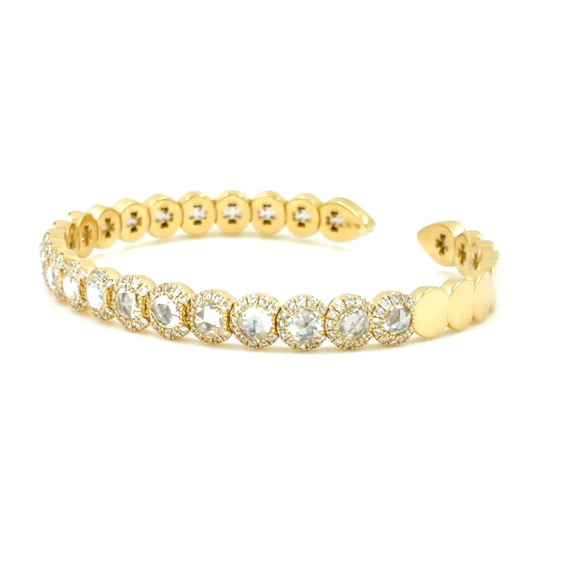 Contemporary 1.68 Carat Rose Cut Diamond Open Cuff Bangle Bracelet in 18 Karat Yellow Gold For Sale