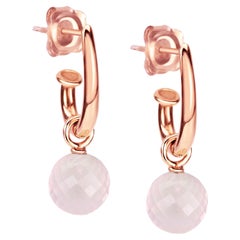 18 Rose Gold Stud Hoop Earrings with Faceted Rose Quartz Detachable Ear-Pendants