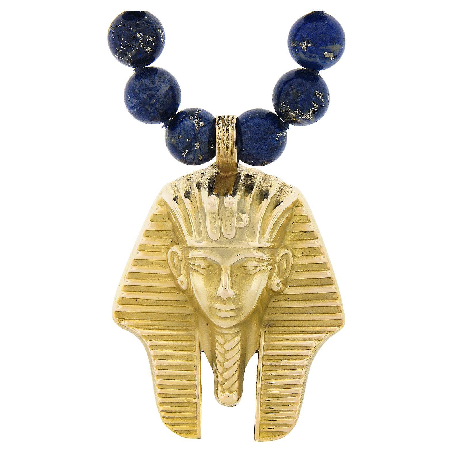 18" Round Blue Lapis Bead Strand Necklace & 18k Yellow Gold King Tut Pendant For Sale