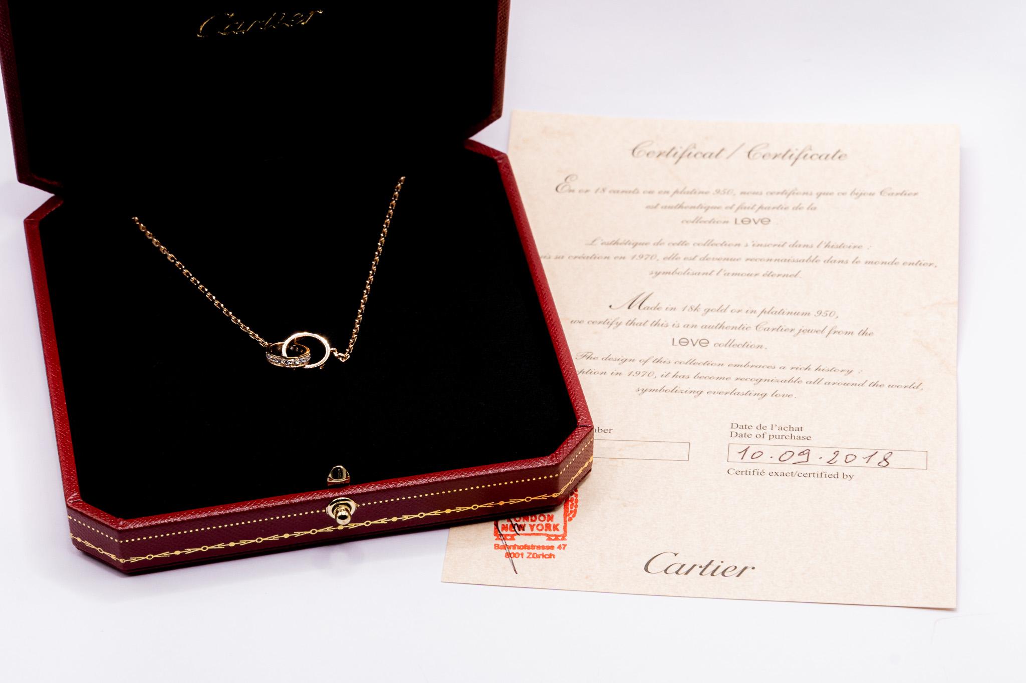 Designer: Cartier Collection: Love Style: pendant necklace Metal: Rose gold, 18 round brilliant cut diamonds 0.22 Carat. Daughter of the New York of the 70s, the LOVE collection remains today an iconic symbol of love that transgresses conventions.