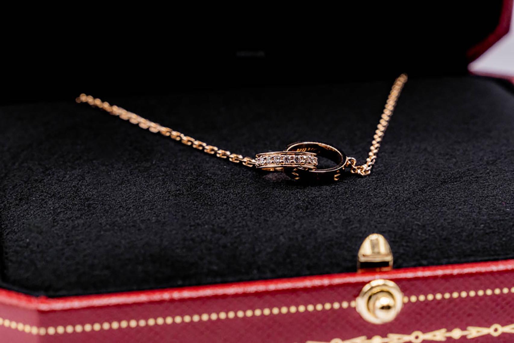 Round Cut Cartier Love 18 Round Brilliant Cut Diamonds 0.22 Carat Double Ring Necklace