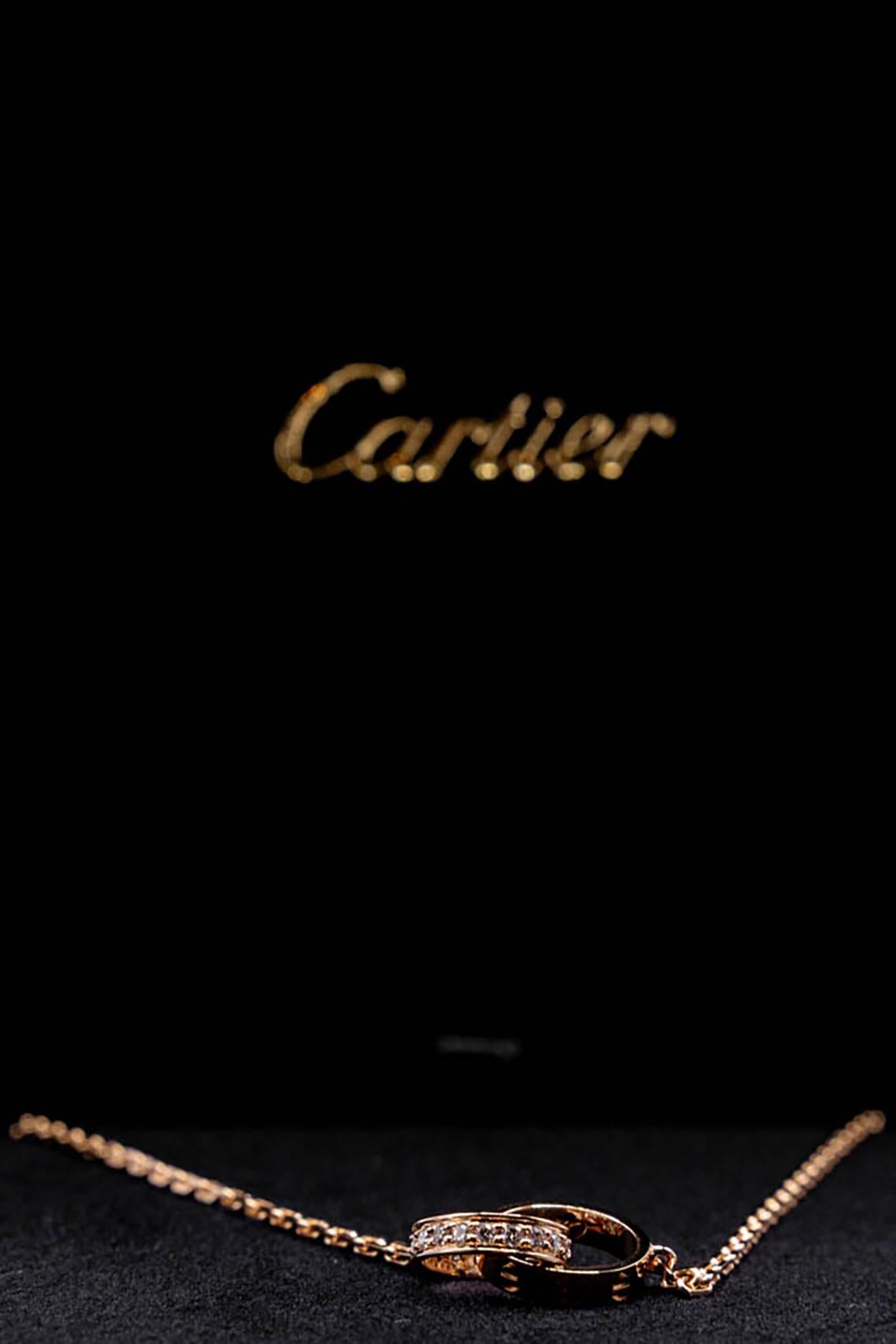 Cartier Love 18 Round Brilliant Cut Diamonds 0.22 Carat Double Ring Necklace  In Excellent Condition For Sale In Milano, MI