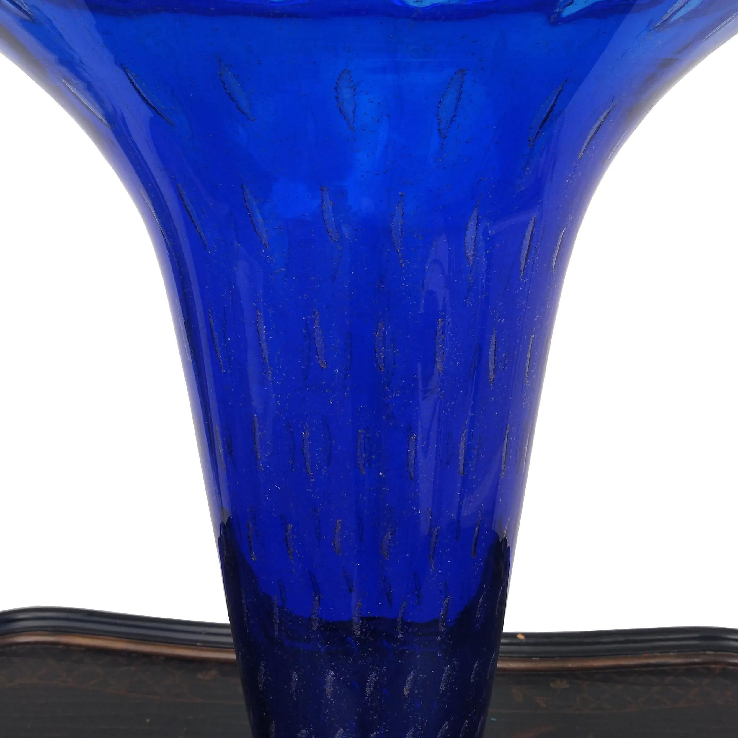 Italian Royal Blue Hand Blown Murano Vase Attributed to Gabbiani Venezia For Sale