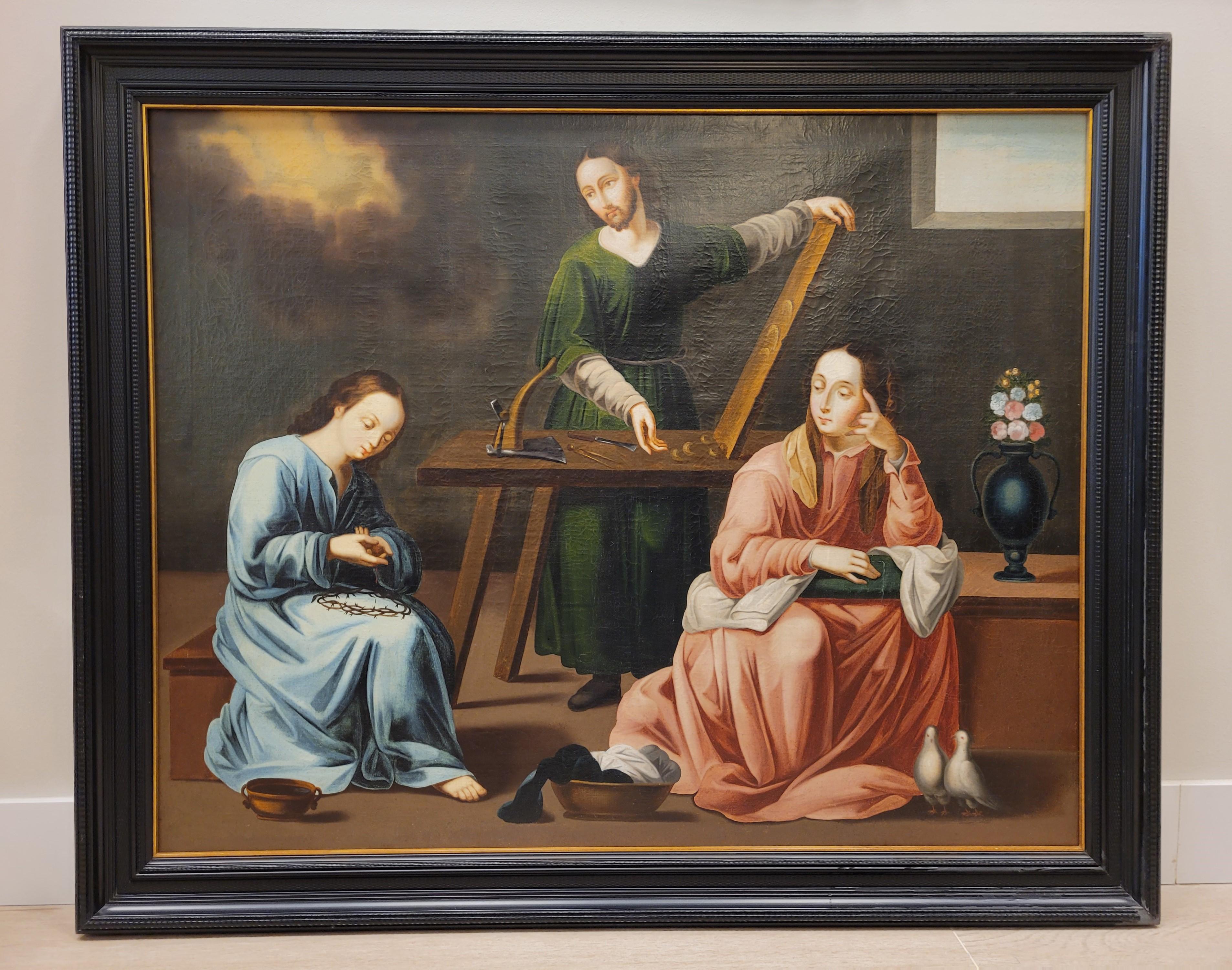 O/L Holy Family in the Nazareth Workshop, Colonial School, s. XVIII
Restored and Relined
Amazing oil on canvas where the Holy Family is represented in the Nazareth Workshop. It belongs to the Colonial School, it was made in the 18th century,