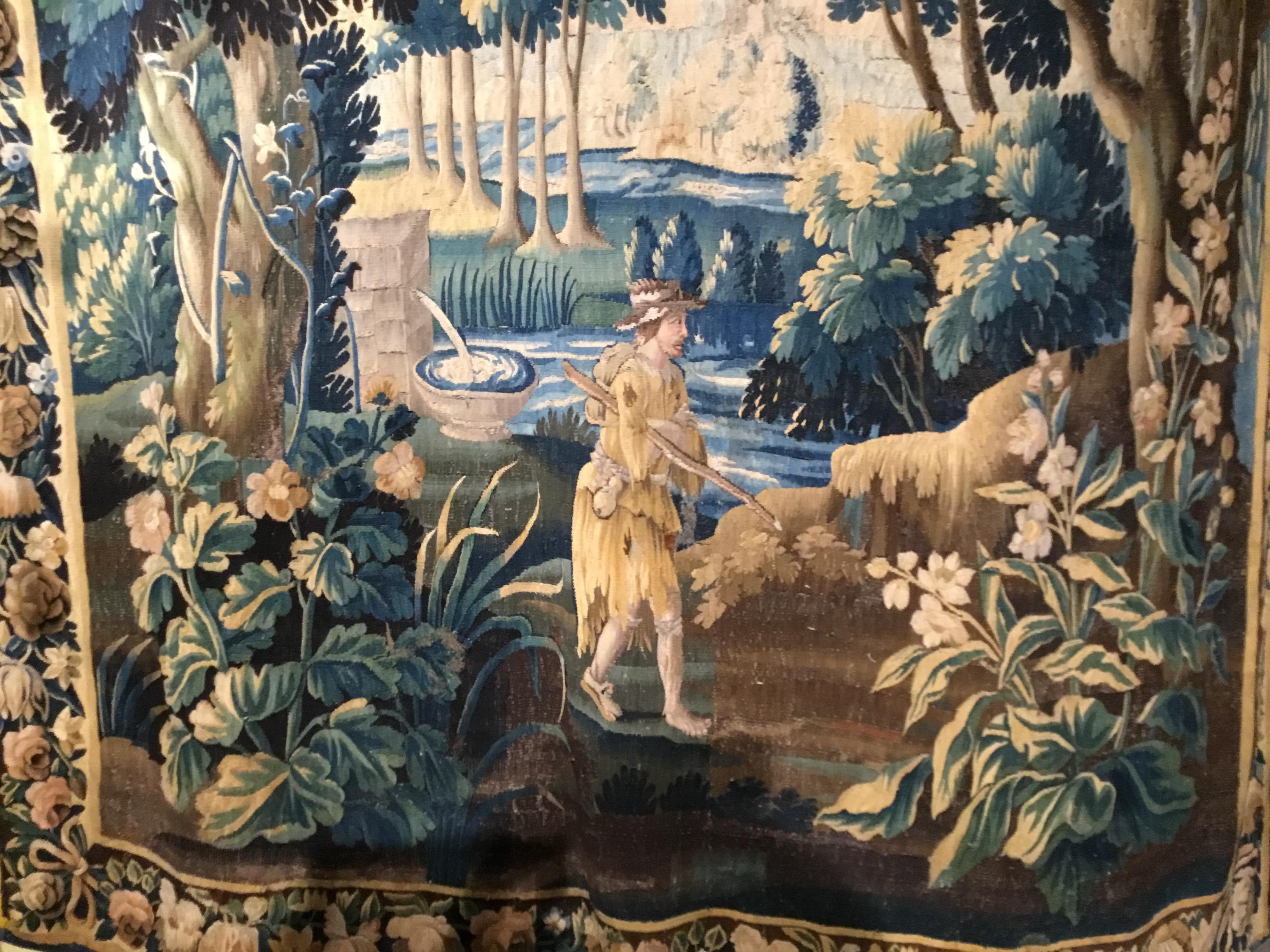 Hand-Woven 18th Century Flemish Tapestry Depicting Forest, with Birds and a Hiking Man For Sale