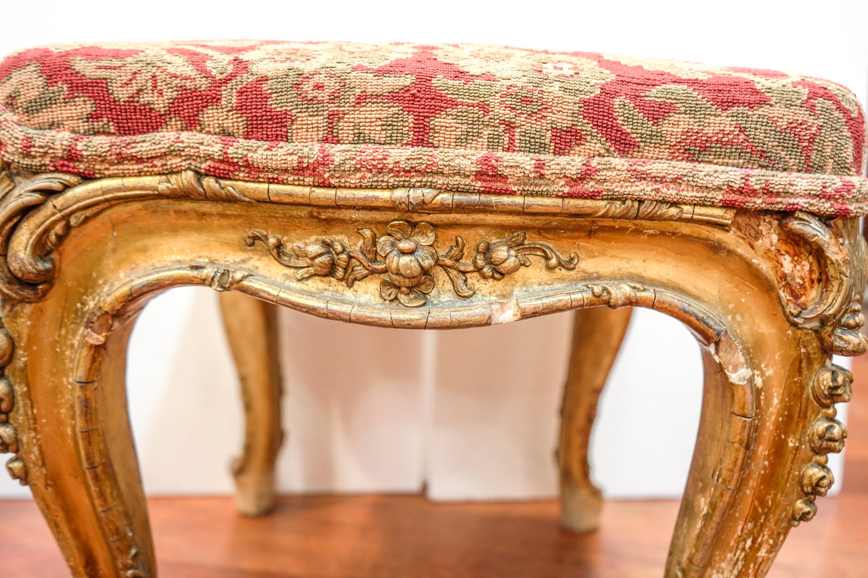 18th Century French Louis XV Carved and Golded Wood Footstool and Upholstered 4
