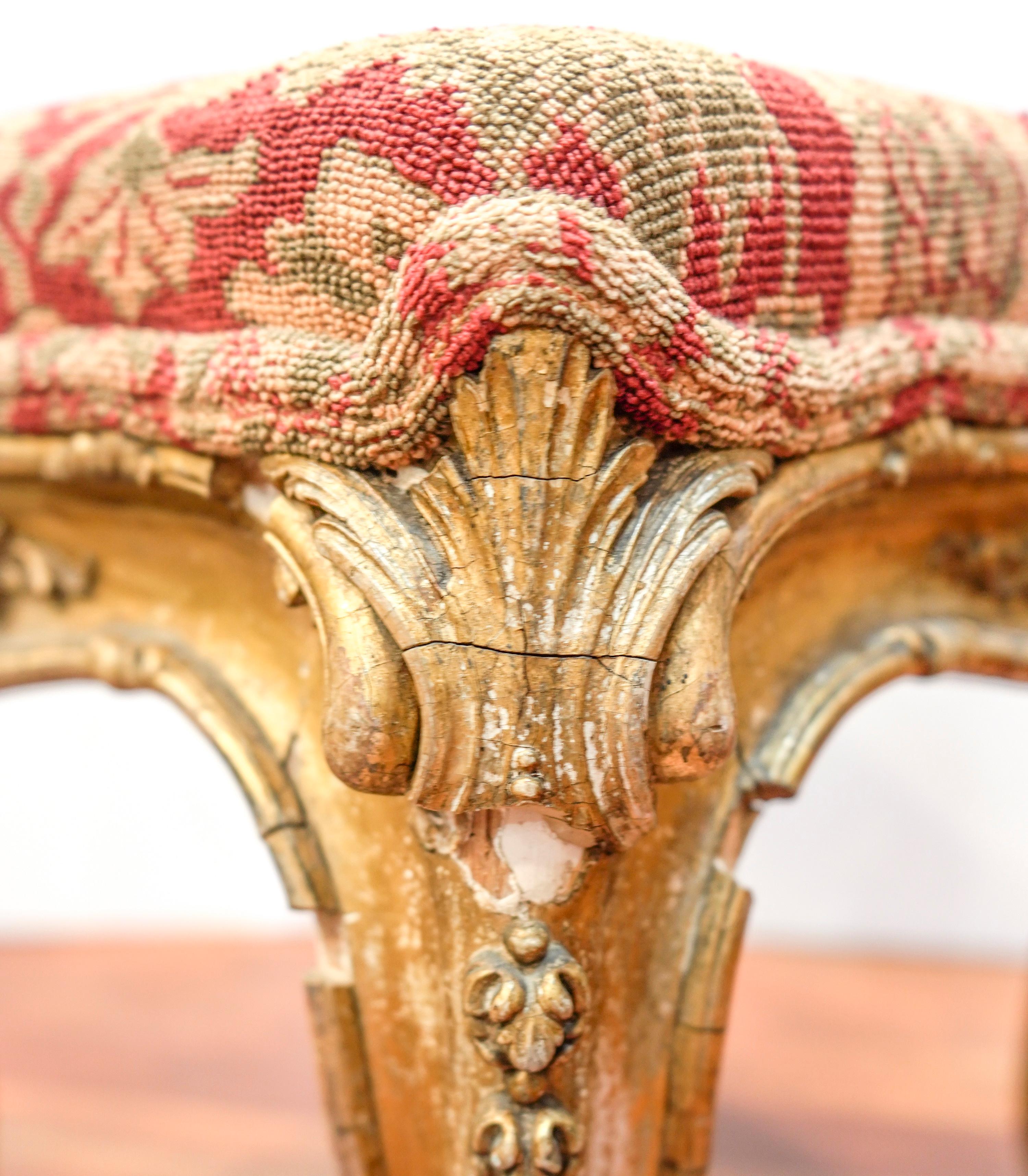 18th Century French Louis XV Carved and Golded Wood Footstool and Upholstered 8