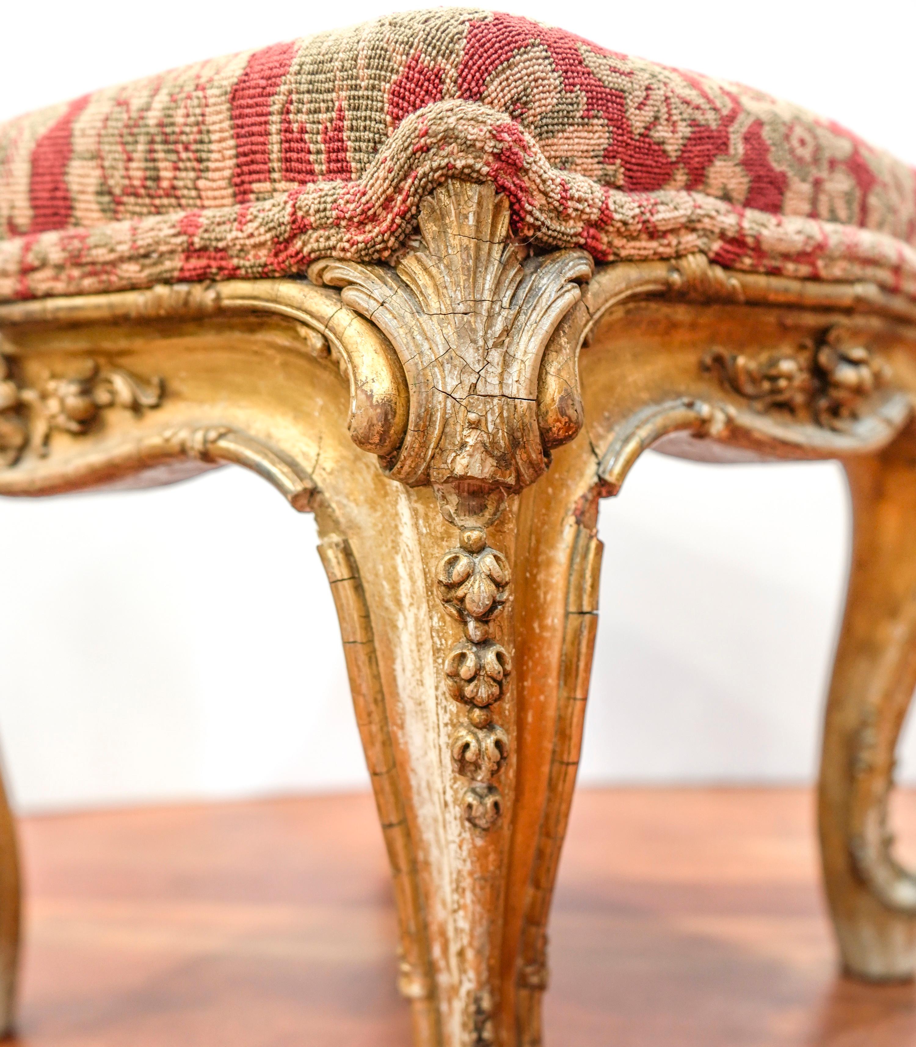18th Century French Louis XV Carved and Golded Wood Footstool and Upholstered 10
