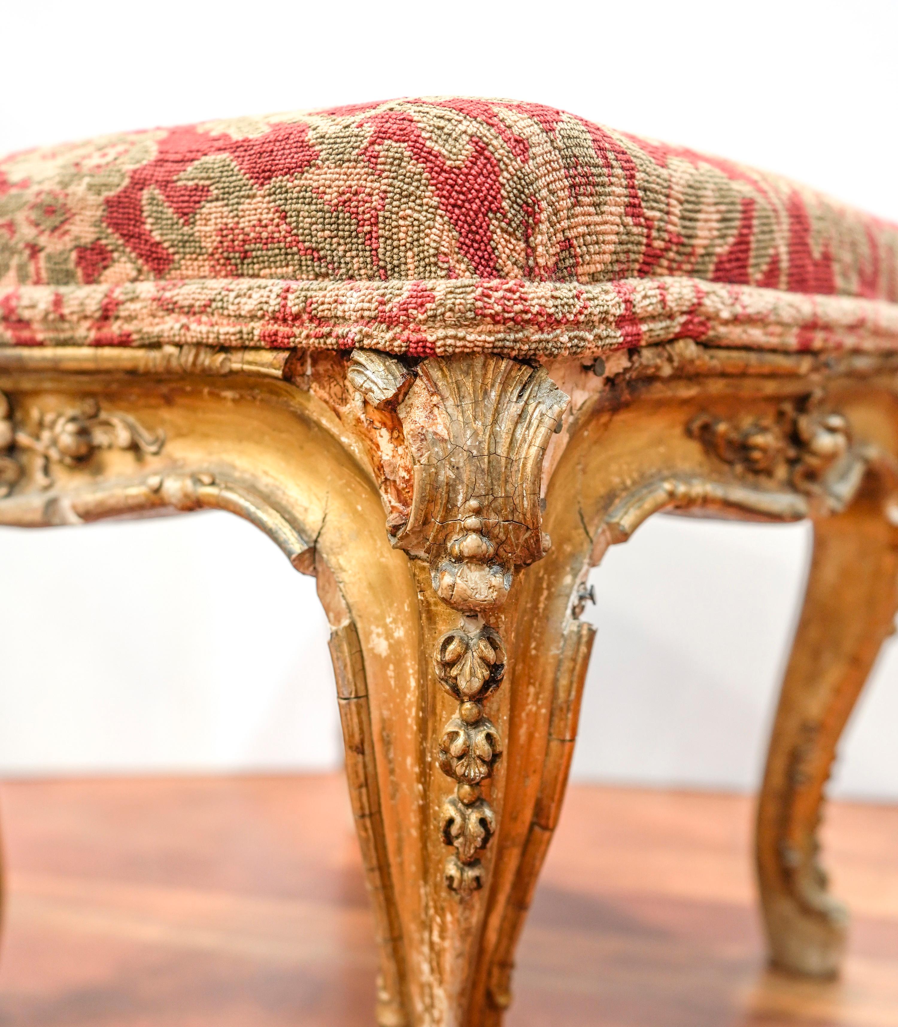 18th Century French Louis XV Carved and Golded Wood Footstool and Upholstered 11