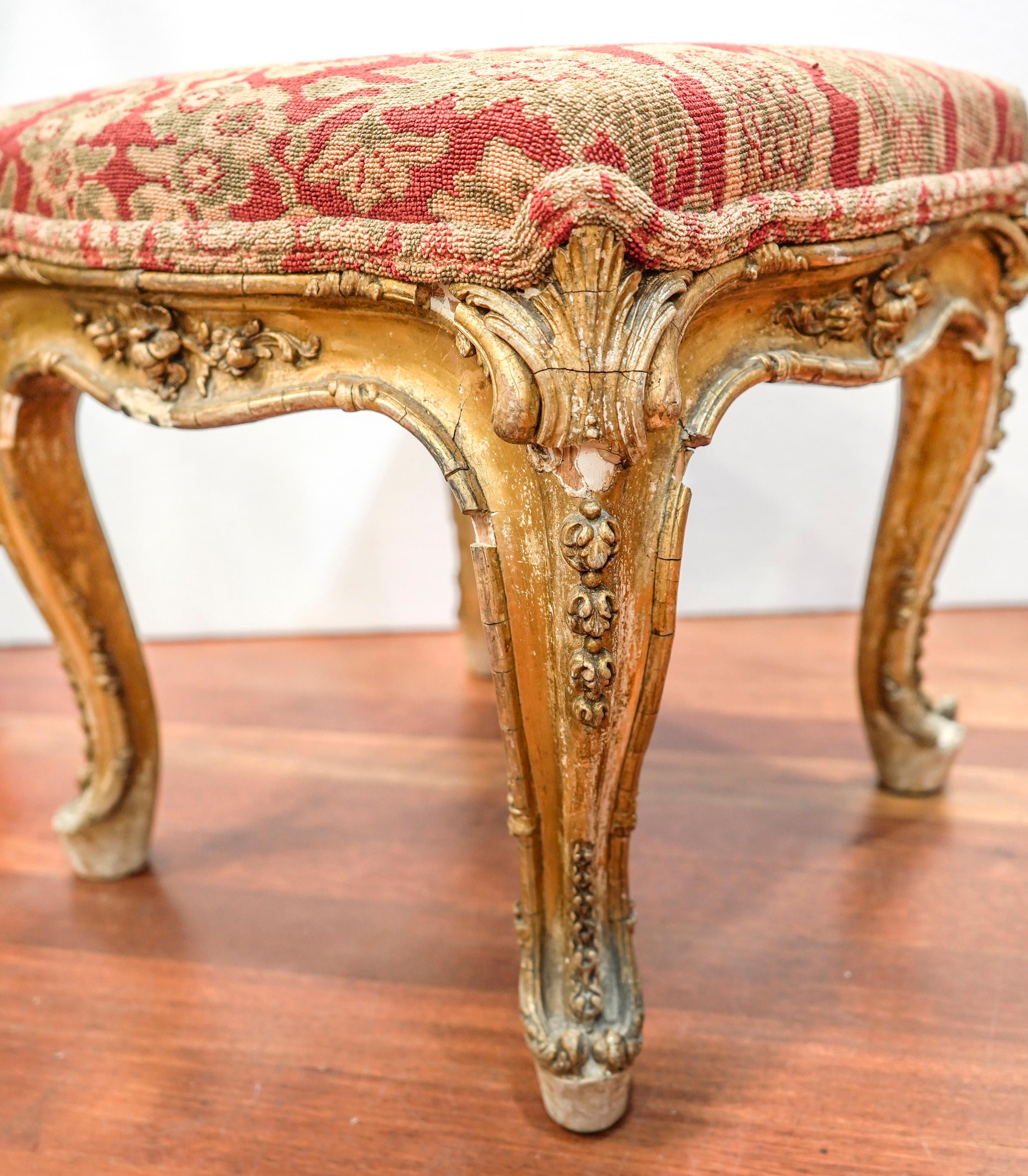 Baroque 18th Century French Louis XV Carved and Golded Wood Footstool and Upholstered