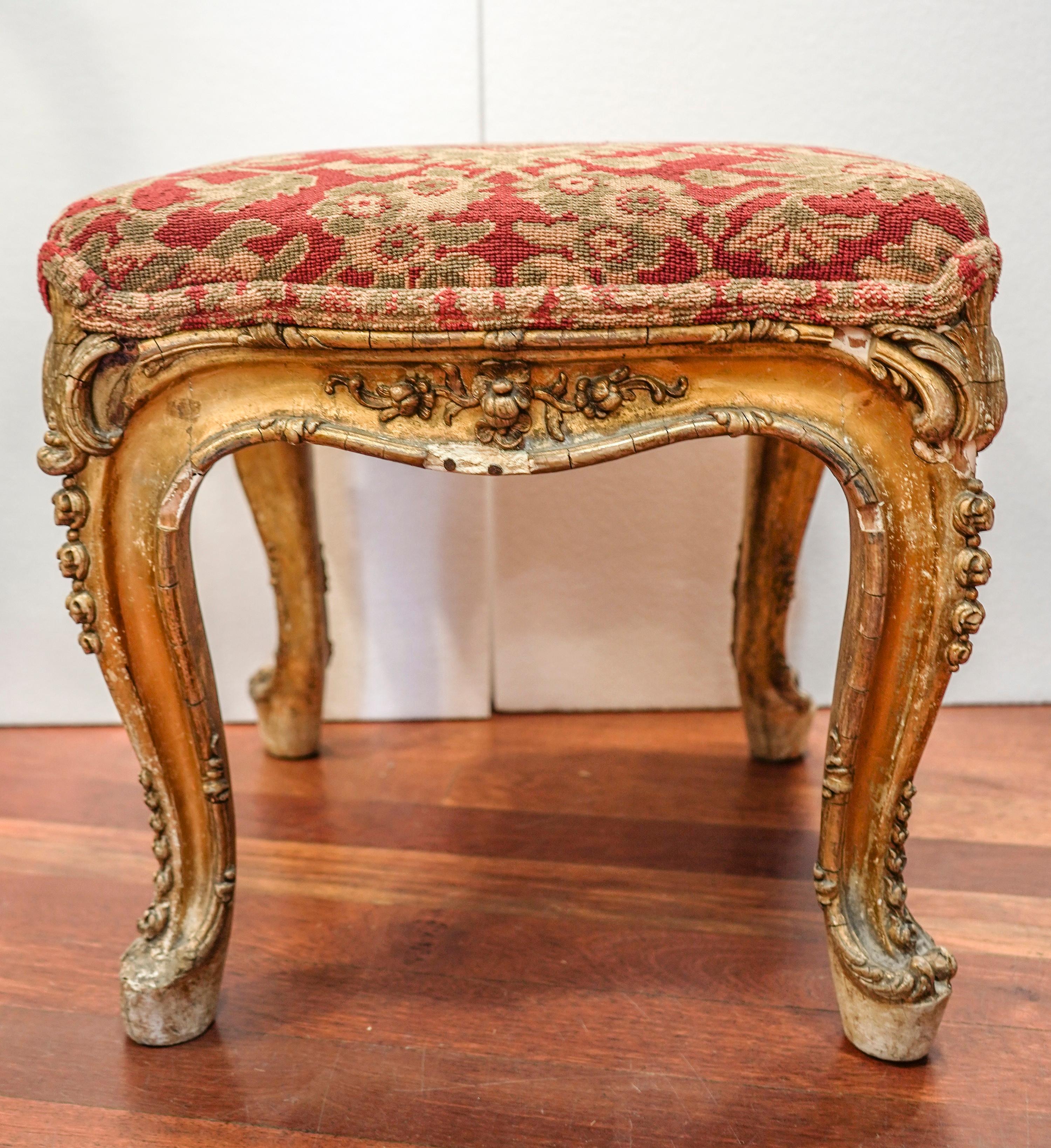 Late 18th Century 18th Century French Louis XV Carved and Golded Wood Footstool and Upholstered