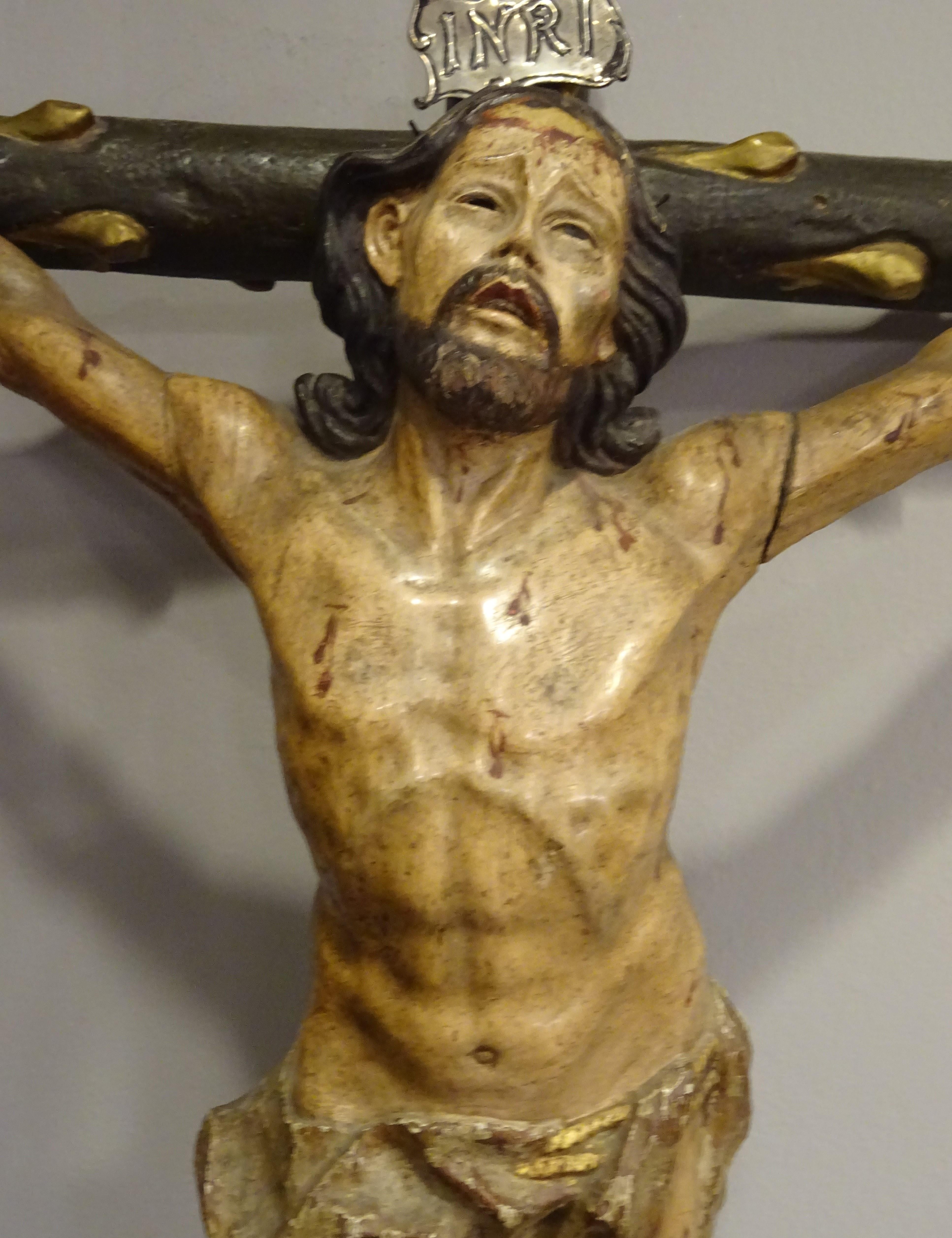 Silver 18th Hispanic Filipino Crucified  Christ  Carved Wood Sculpture  For Sale