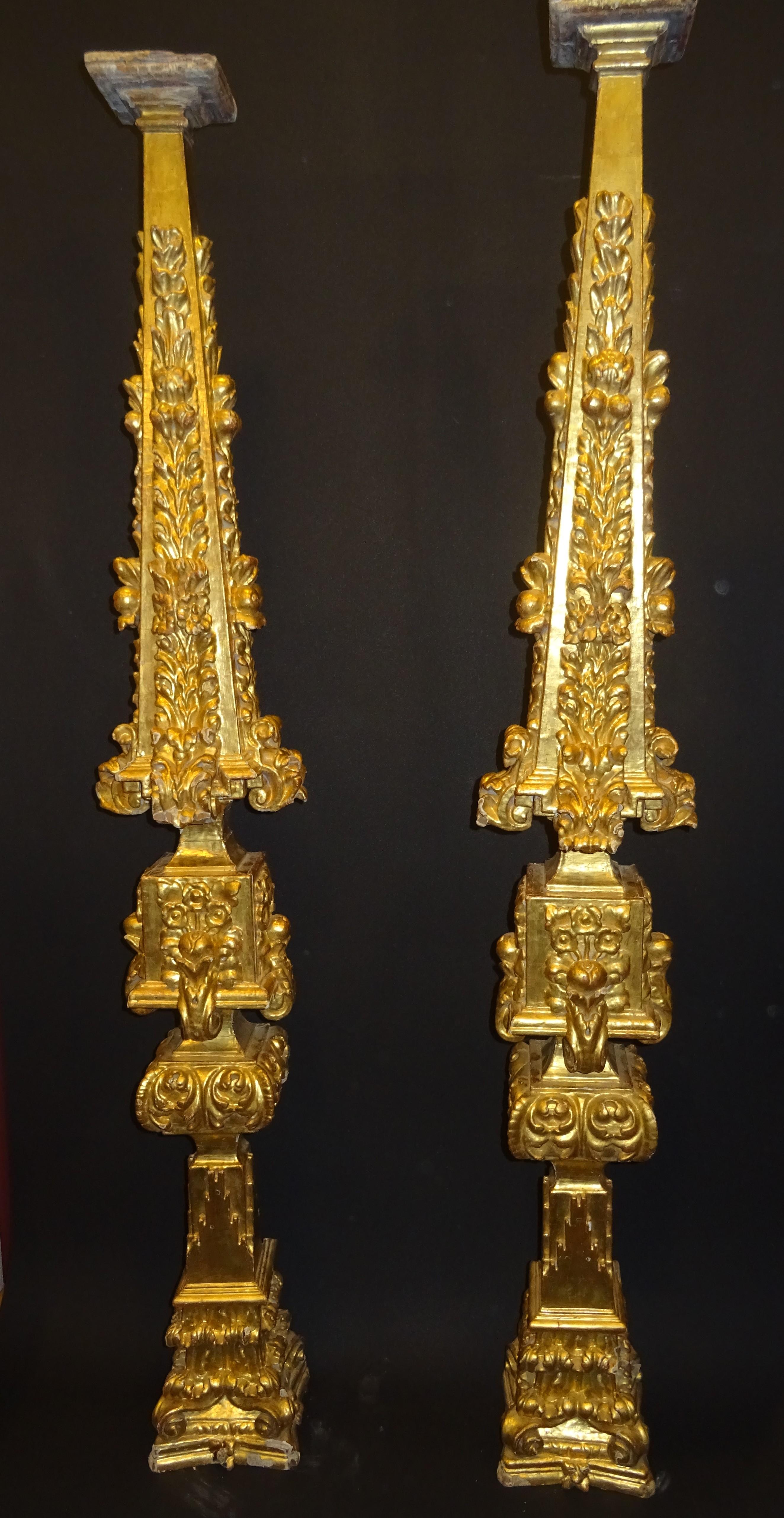 Gold 18th Century Spanish Baroque Carved and Gild Wood Couple of Pilaster