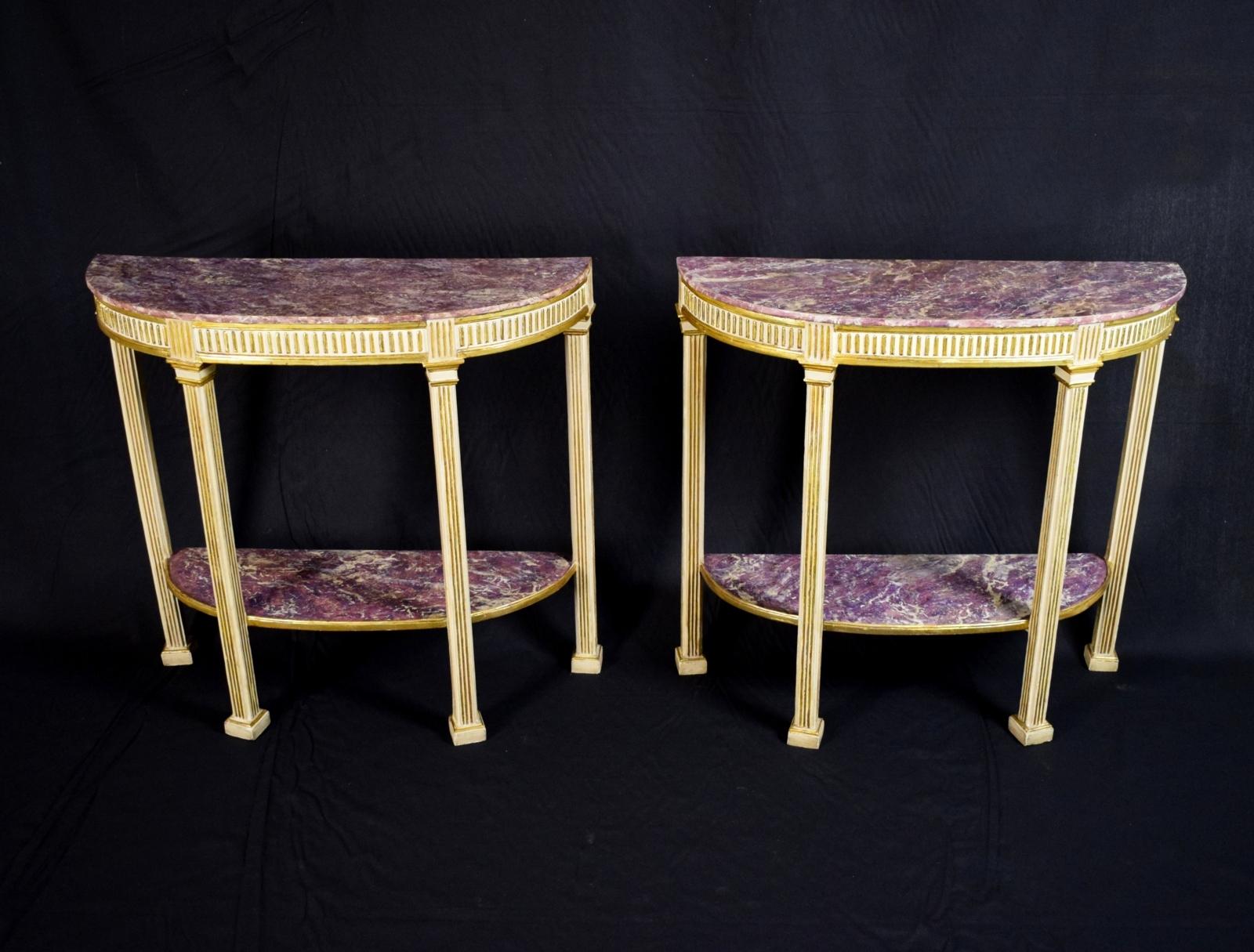 Neoclassical 18th Century White Gold and False Amethyst Wood Neoclassic Pair of Consoles