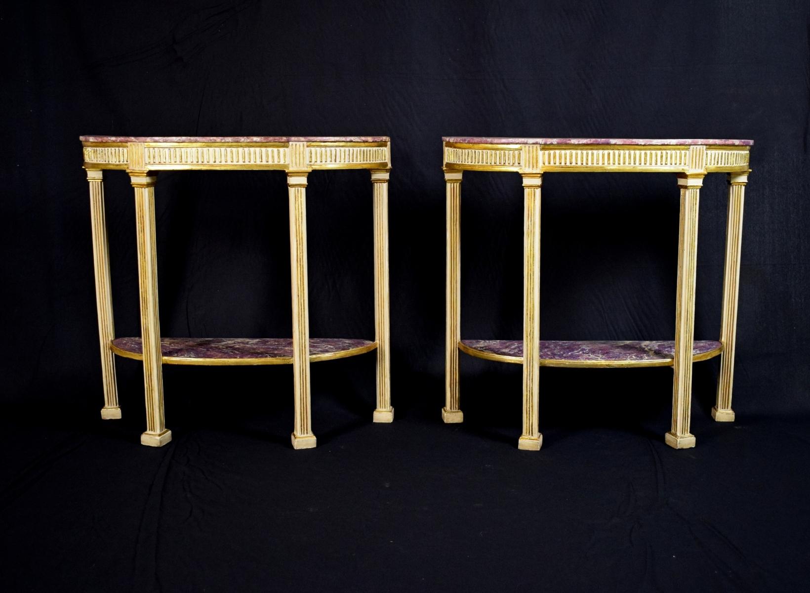 Italian 18th Century White Gold and False Amethyst Wood Neoclassic Pair of Consoles