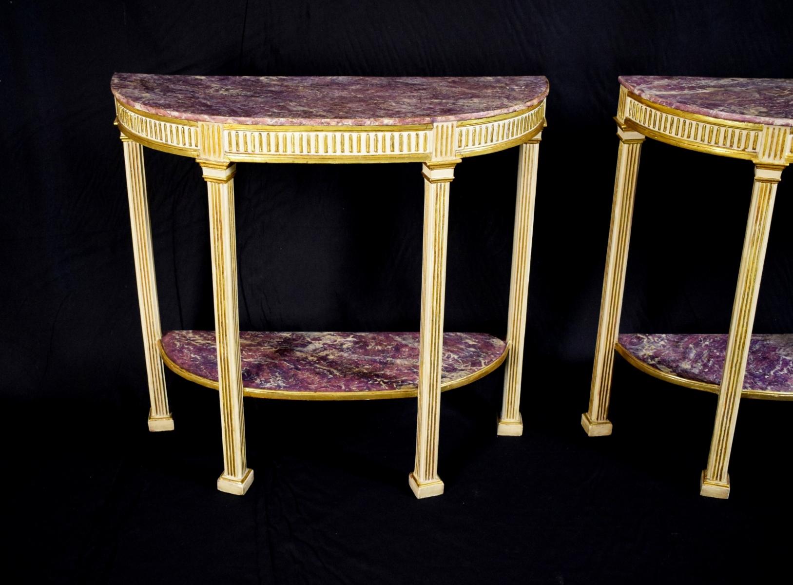 Lacquered 18th Century White Gold and False Amethyst Wood Neoclassic Pair of Consoles
