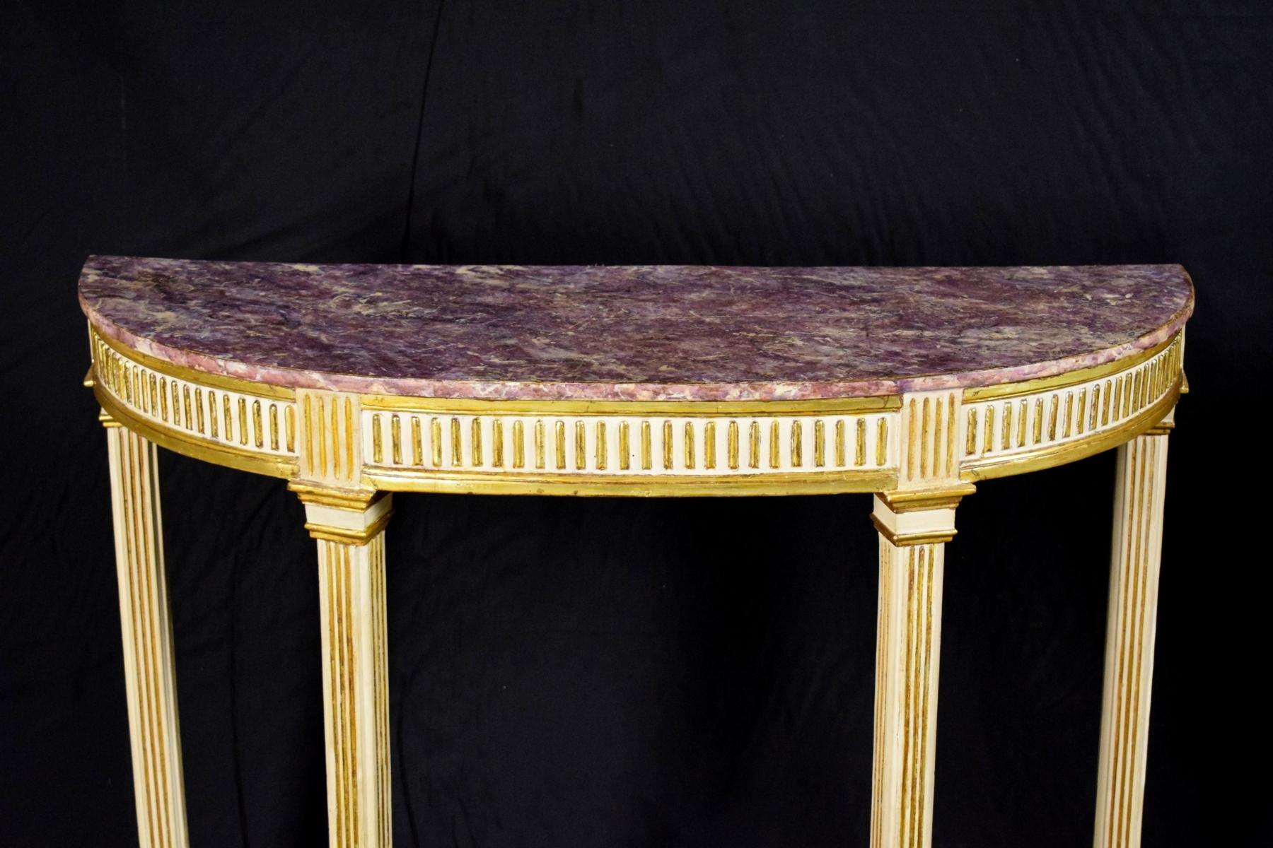 Giltwood 18th Century White Gold and False Amethyst Wood Neoclassic Pair of Consoles
