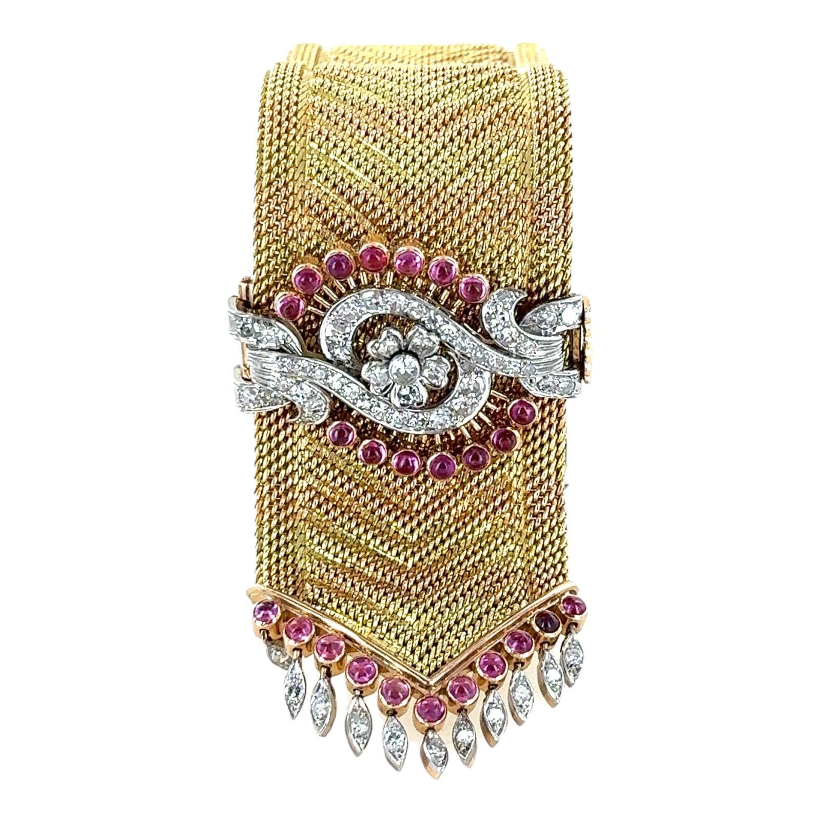 Women's 18 Tri Gold Retro Diamond & Ruby Wide Slide Buckle Bracelet For Sale