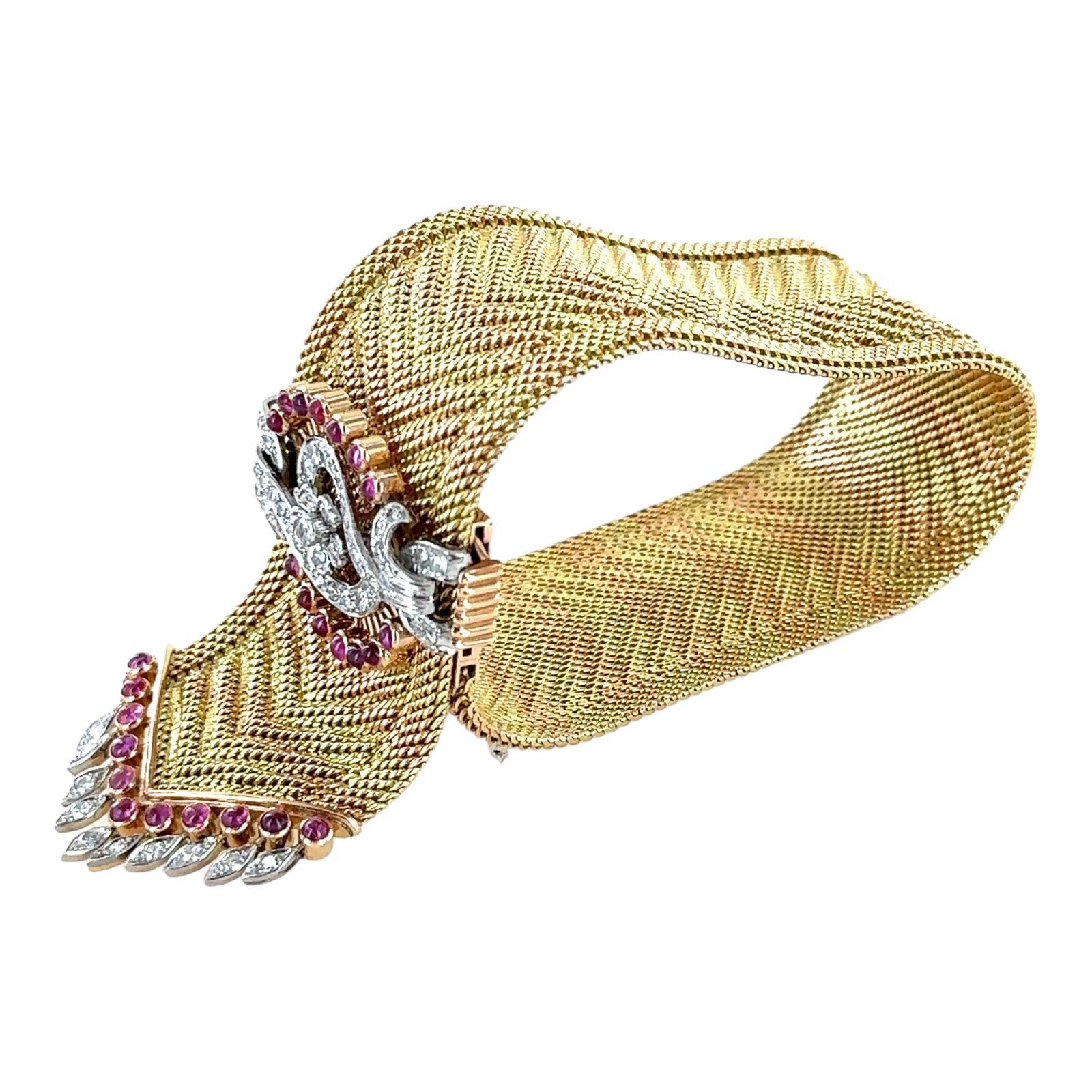 18 Tri Gold Retro Diamond & Ruby Wide Slide Buckle Bracelet For Sale 2