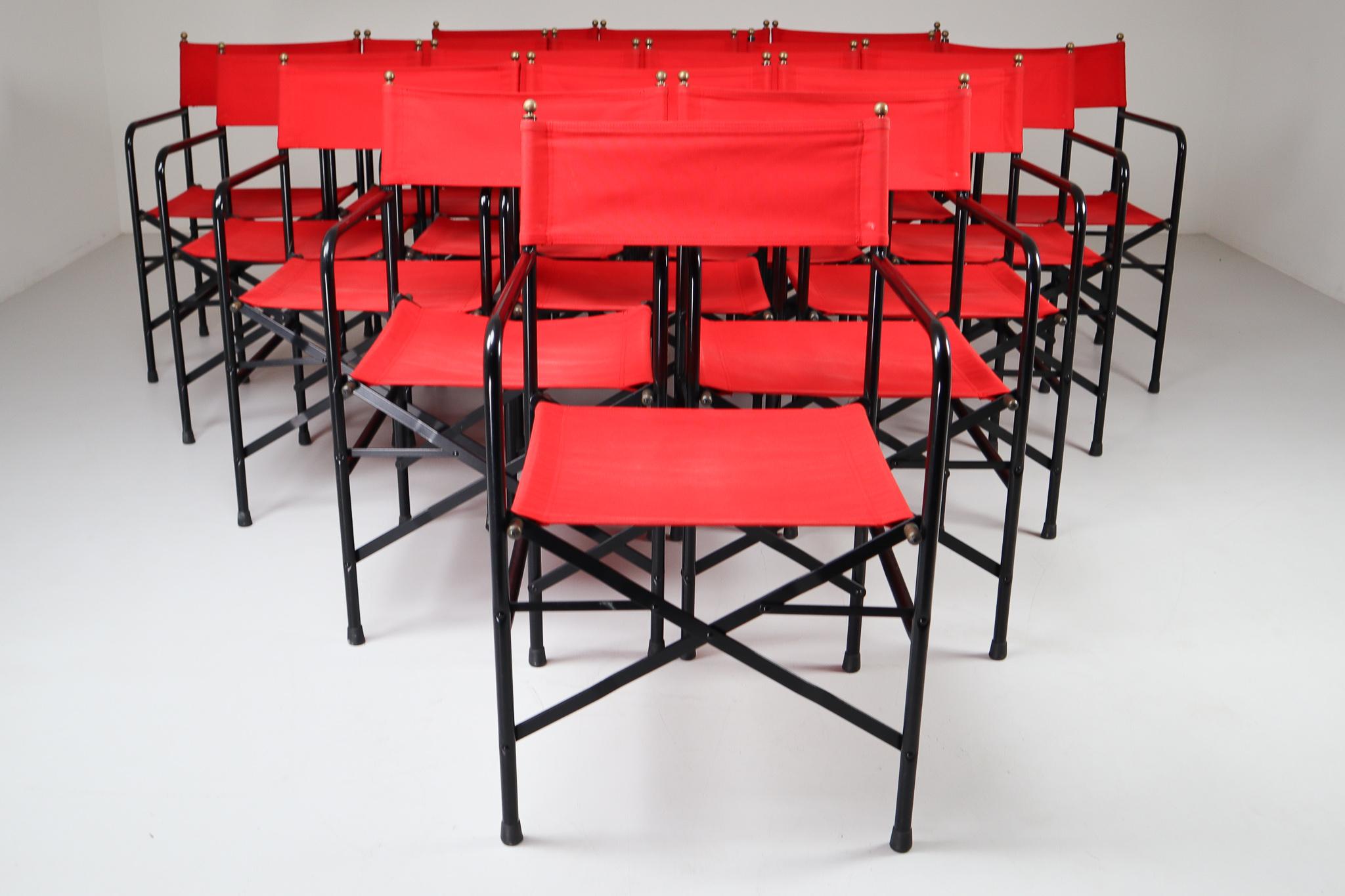 18 Venetian Folding-Patio-Garden Chairs in Steel, Brass and Red Fabric, 1980s For Sale 4