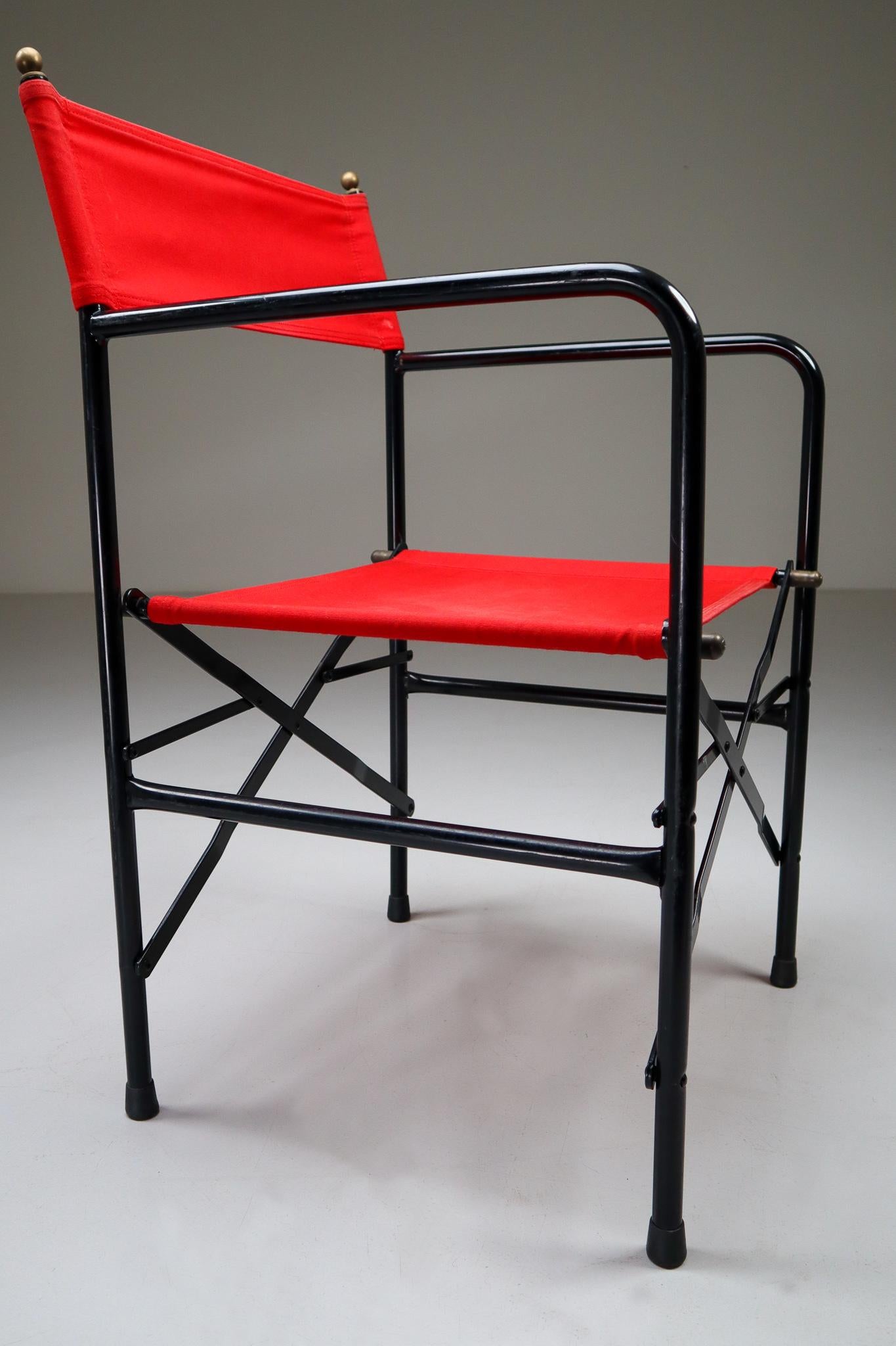 Modern 18 Venetian Folding-Patio-Garden Chairs in Steel, Brass and Red Fabric, 1980s For Sale
