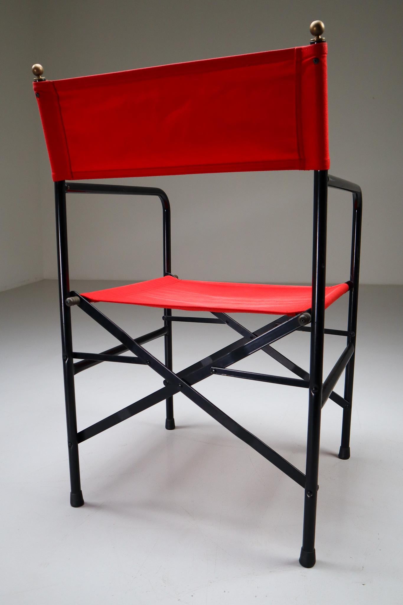 Italian 18 Venetian Folding-Patio-Garden Chairs in Steel, Brass and Red Fabric, 1980s