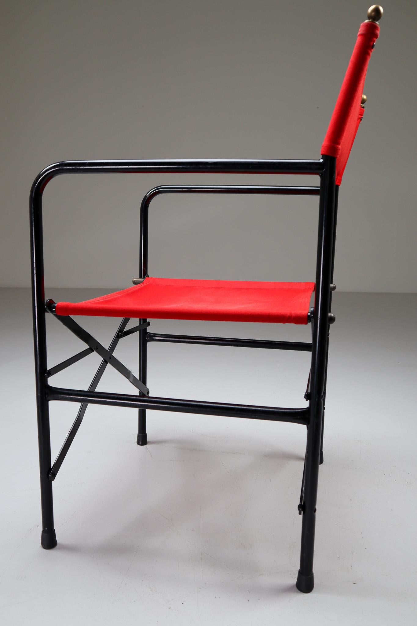 18 Venetian Folding-Patio-Garden Chairs in Steel, Brass and Red Fabric, 1980s In Good Condition For Sale In Almelo, NL