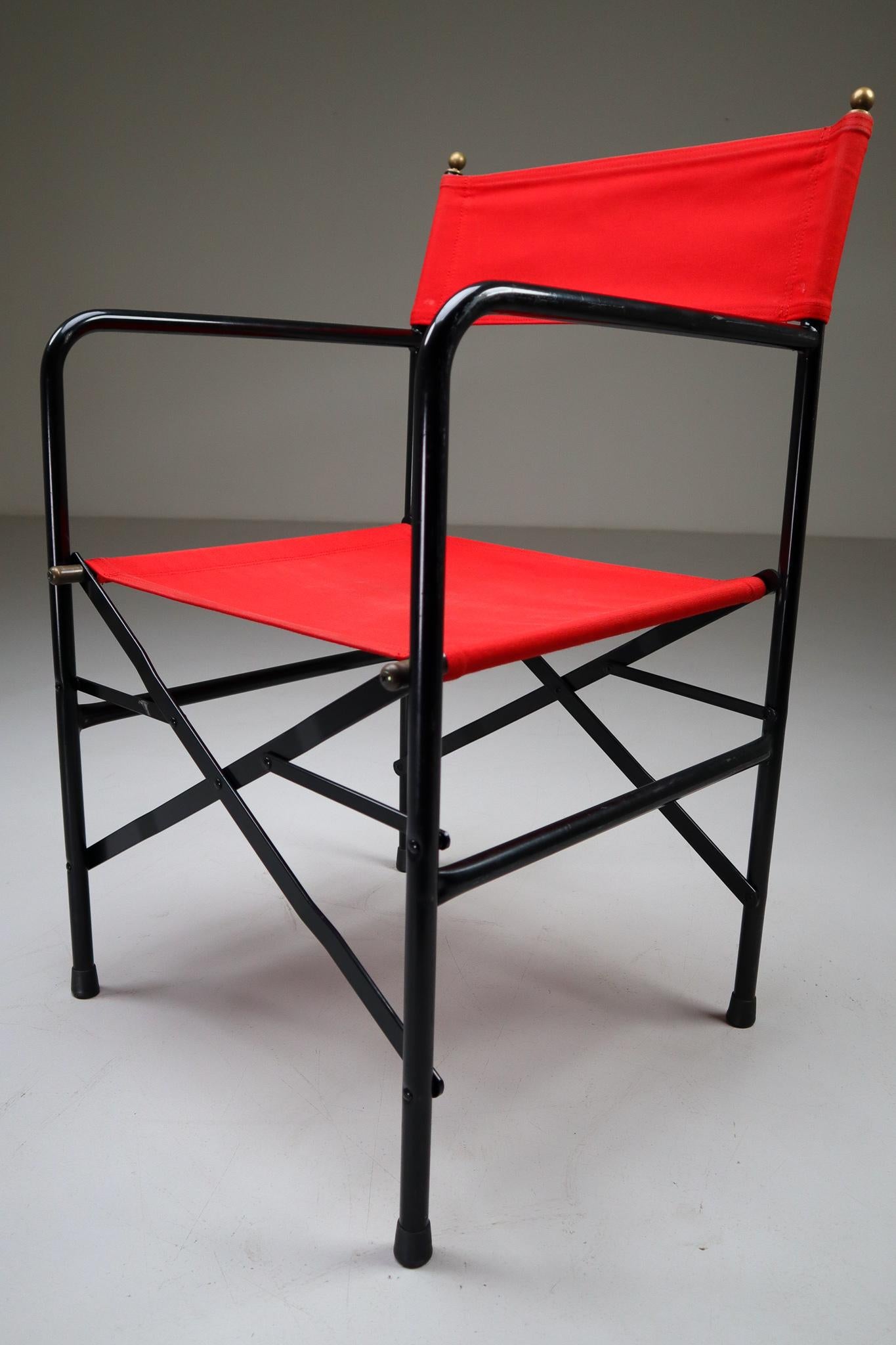 18 Venetian Folding-Patio-Garden Chairs in Steel, Brass and Red Fabric, 1980s For Sale 1