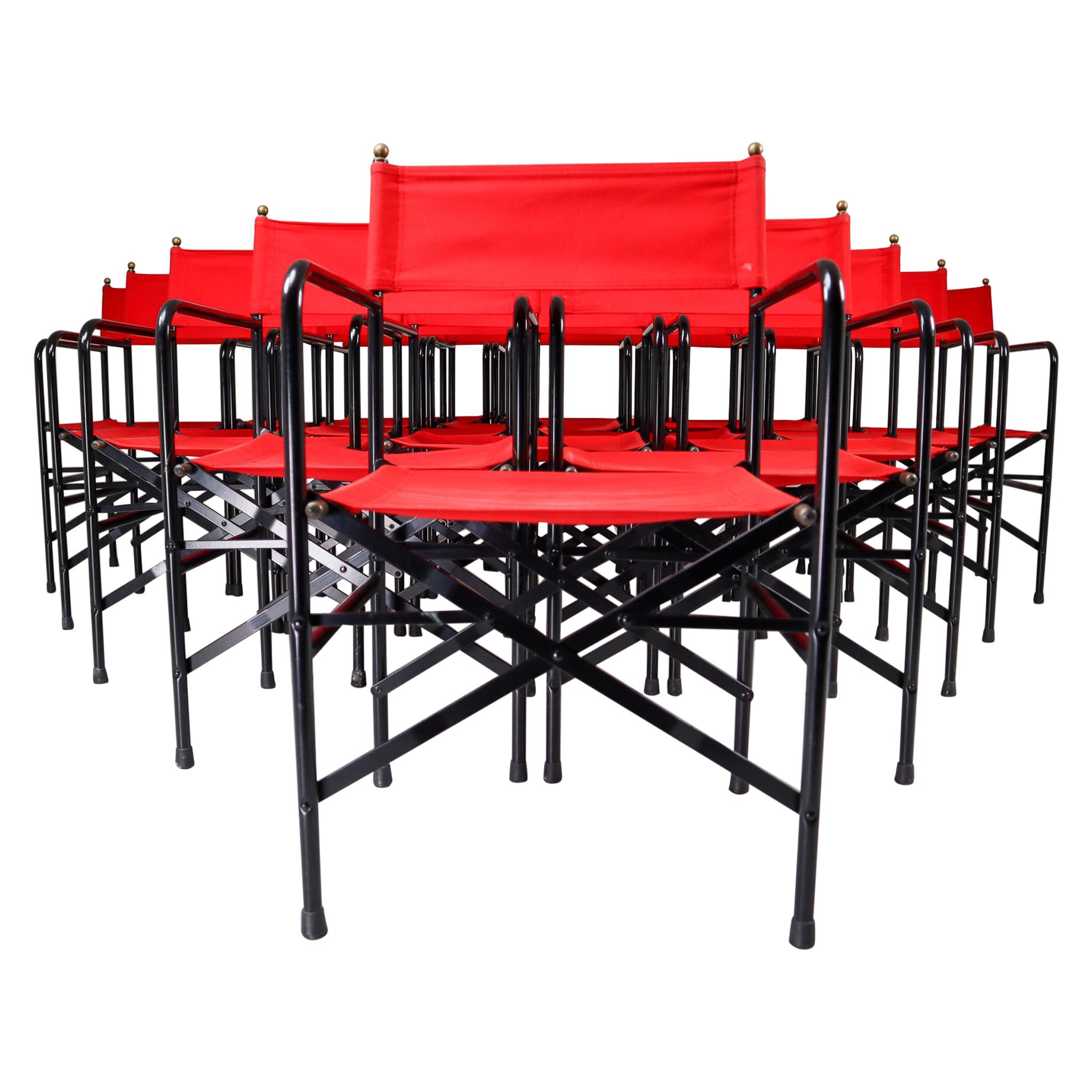 18 Venetian Folding-Patio-Garden Chairs in Steel, Brass and Red Fabric, 1980s For Sale