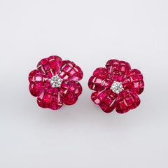 18 White Gold Flower Ruby Invisible Stud Earrings