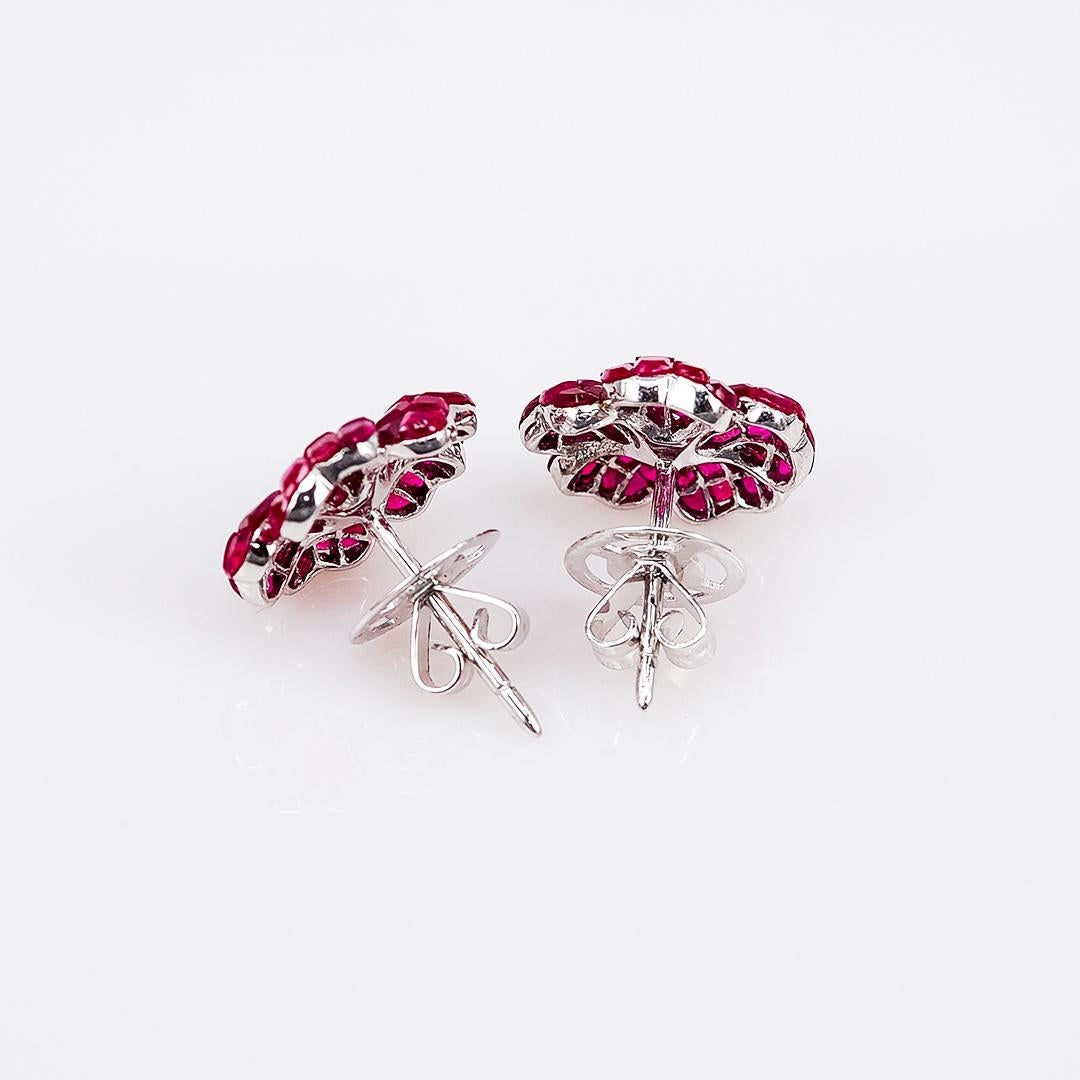 Modern 18 White Gold Flower Ruby Invisible Stud Earrings For Sale