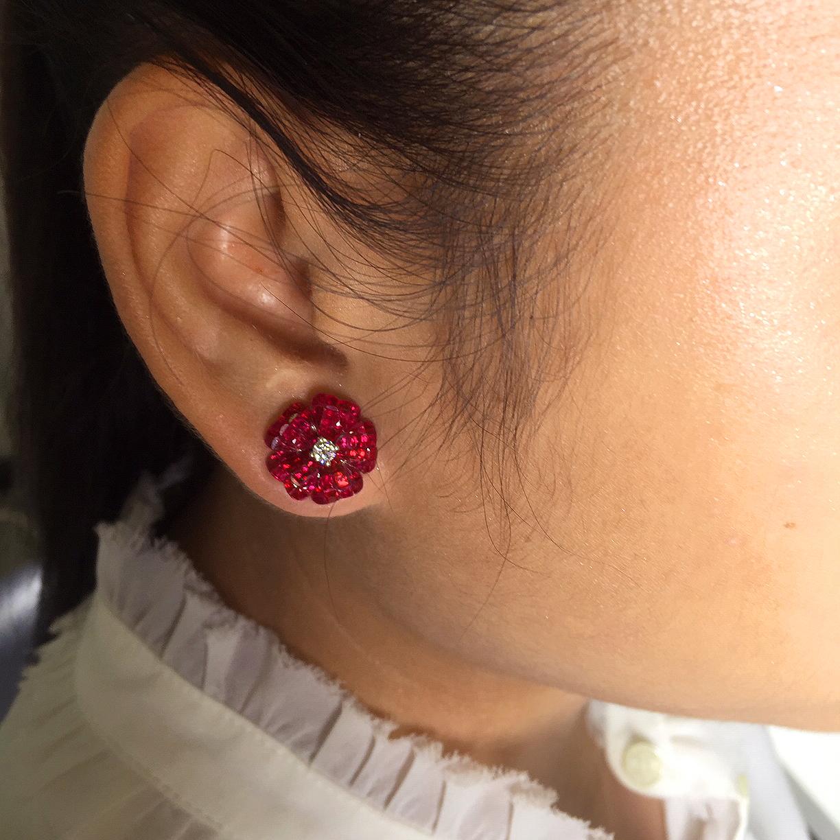 Modern 18 White Gold Flower Ruby Invisible Stud Earrings For Sale