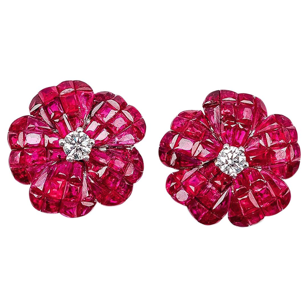 18 White Gold Flower Ruby Invisible Stud Earrings For Sale at 1stdibs