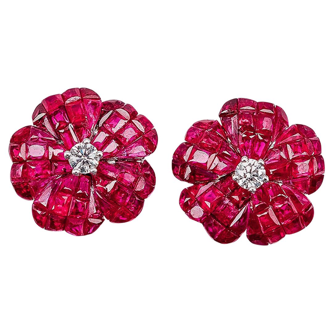 18 White Gold Flower Ruby Invisible Stud Earrings