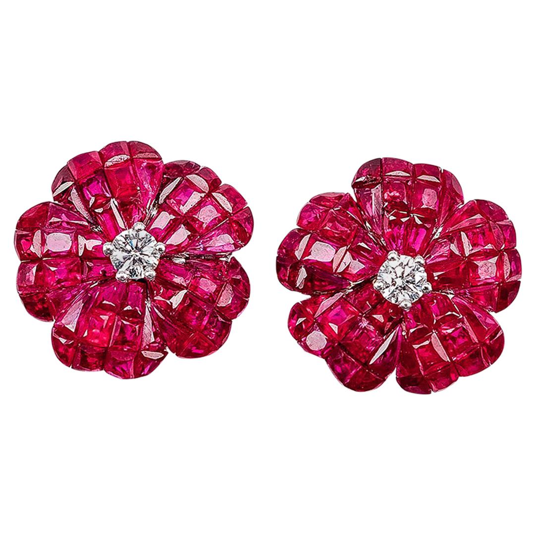 Pendientes Invisibles Flor Rubí Oro Blanco 18