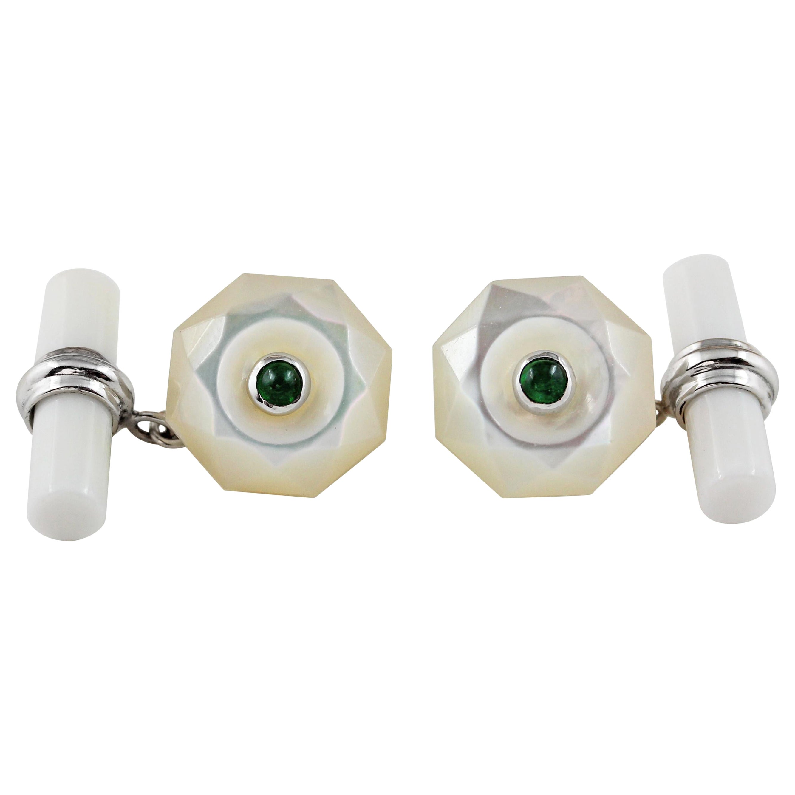 Gemelli in oro bianco 18 Madreperla con smeraldi cabochon