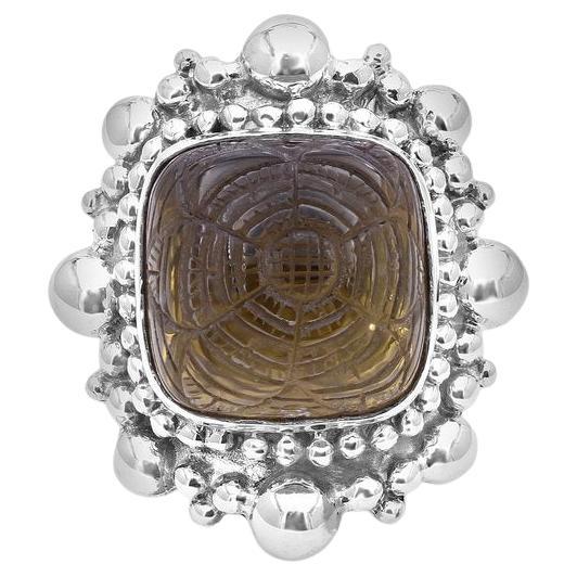 For Sale:  18 x 18 Cushion Pale Smokey Carved Ring in Decorative Sterling Silver