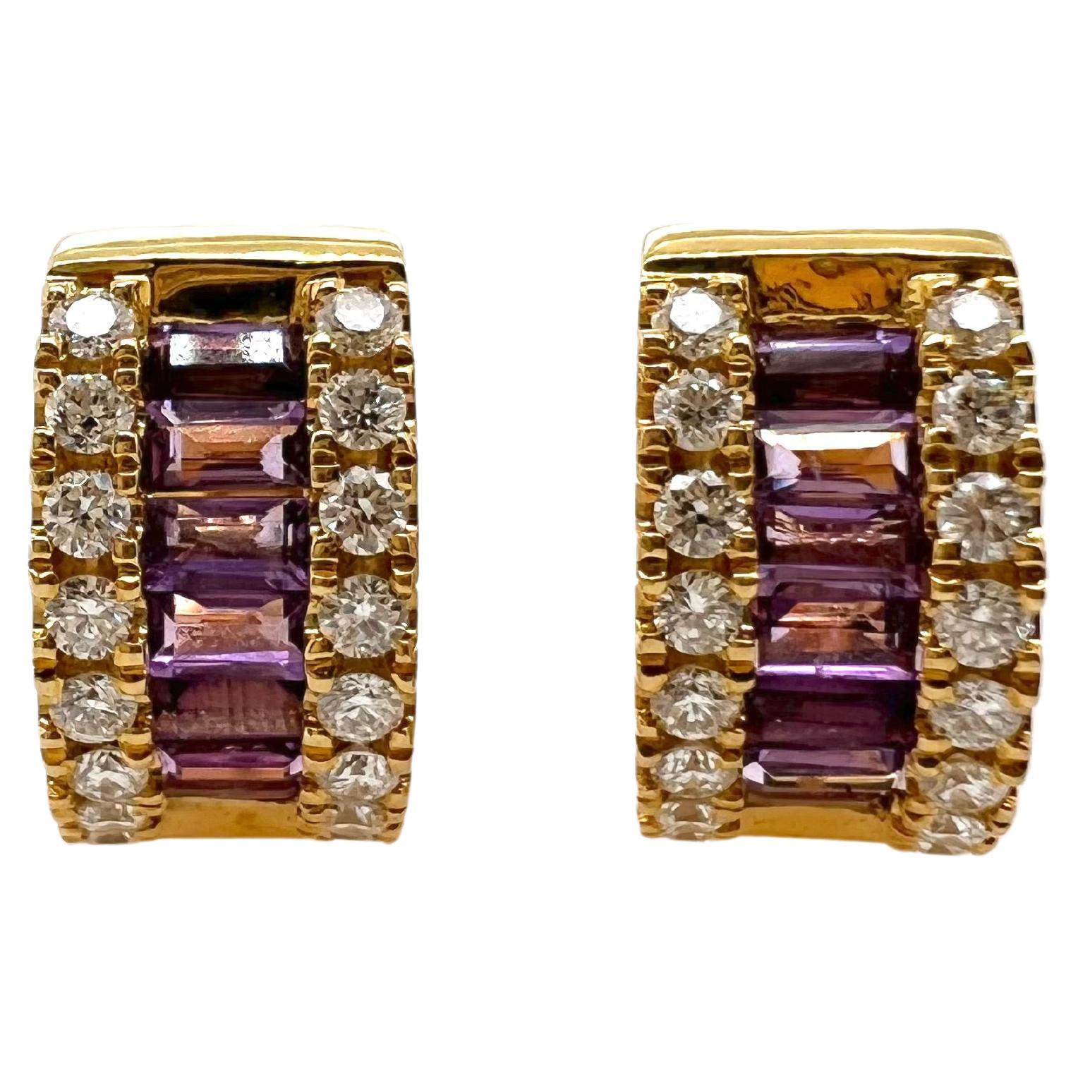 18 Yellow Gold Amethyst and Diamond Huggie Earrings