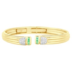 18 Yellow Gold Emerald and Diamond Tip Cuff Bracelet